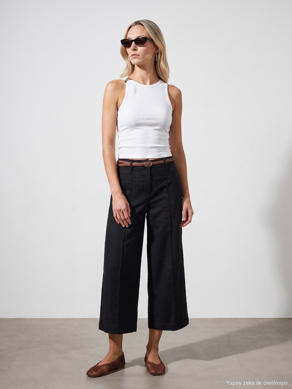 Dilvin 72752 Kemerli Keten Culotte Pantolon-Siyah görsel 2