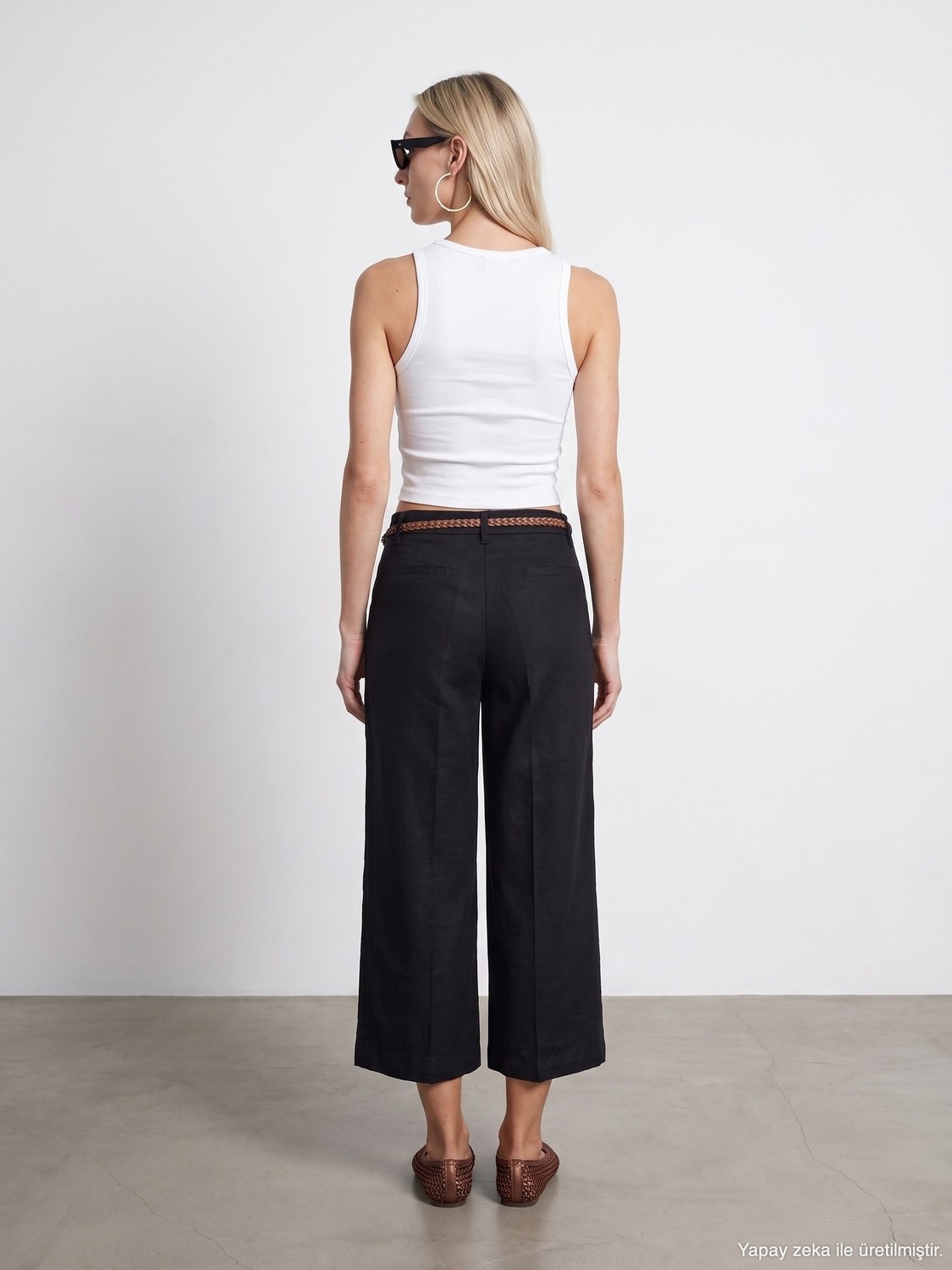 Dilvin 72752 Kemerli Keten Culotte Pantolon-Siyah görsel 3