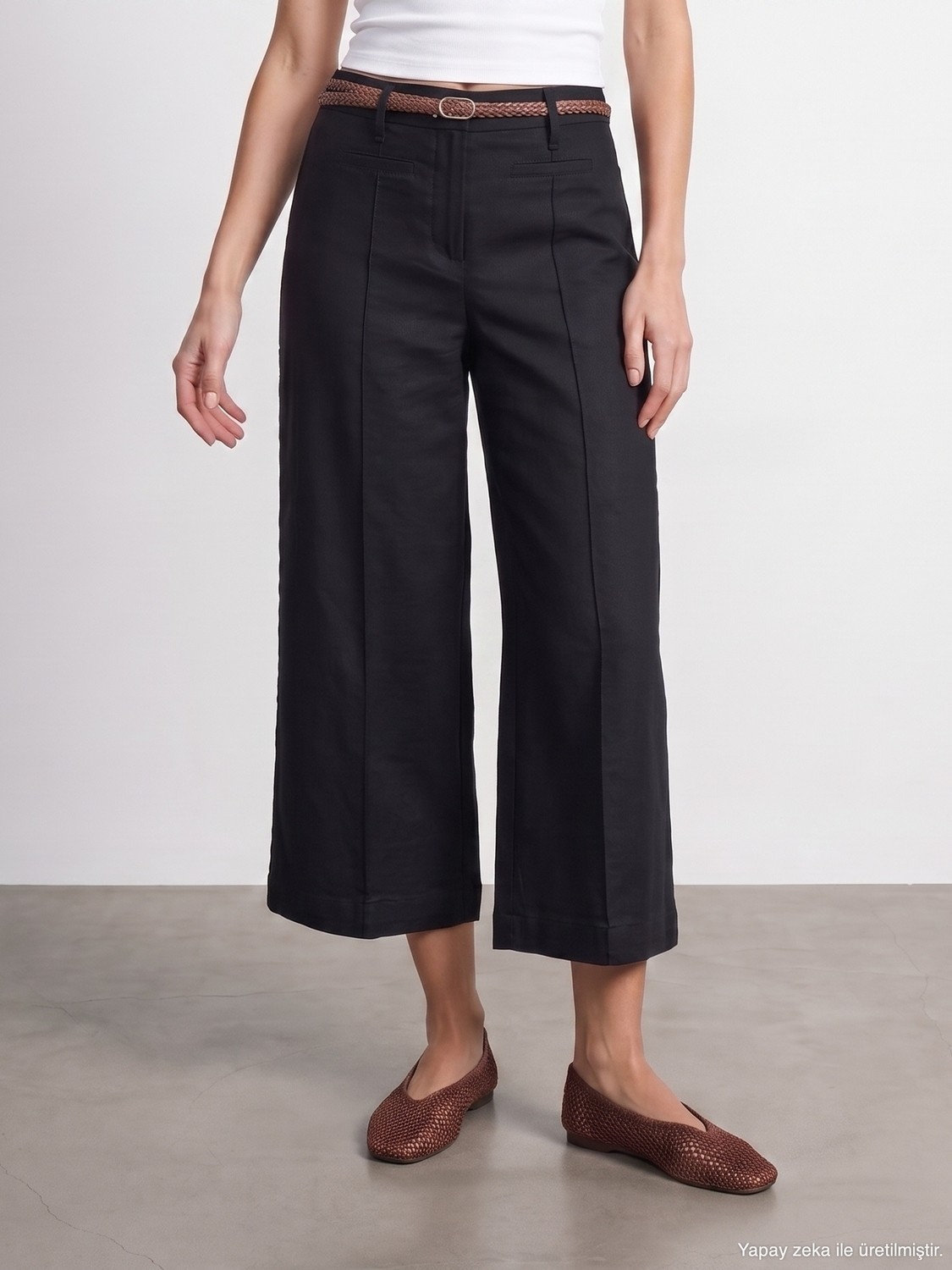 Dilvin 72752 Kemerli Keten Culotte Pantolon-Siyah görsel 4