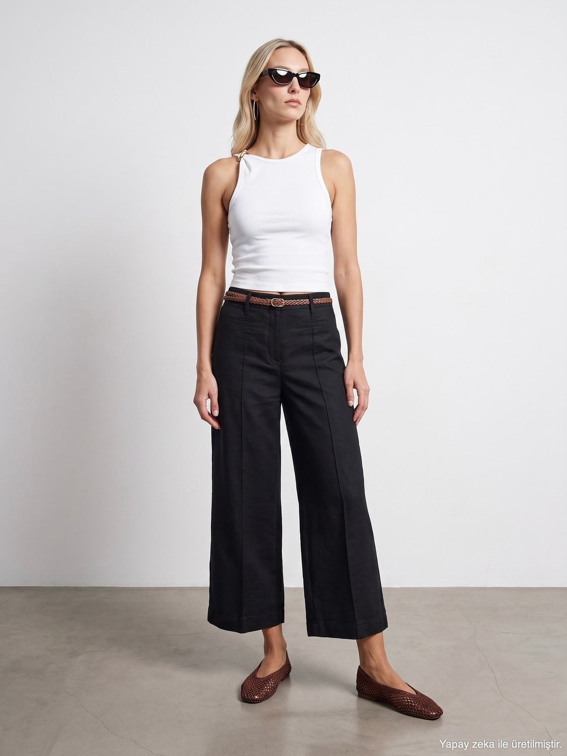 Dilvin 72752 Kemerli Keten Culotte Pantolon-Siyah görsel 5