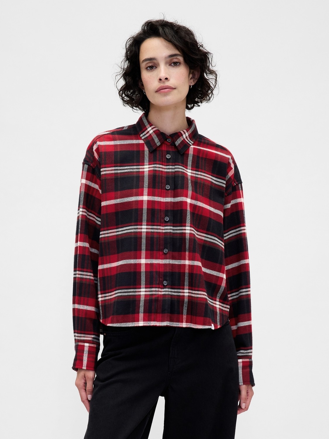 Gap Kadın Bordo Flannel Straight-Hem Crop Gömlek