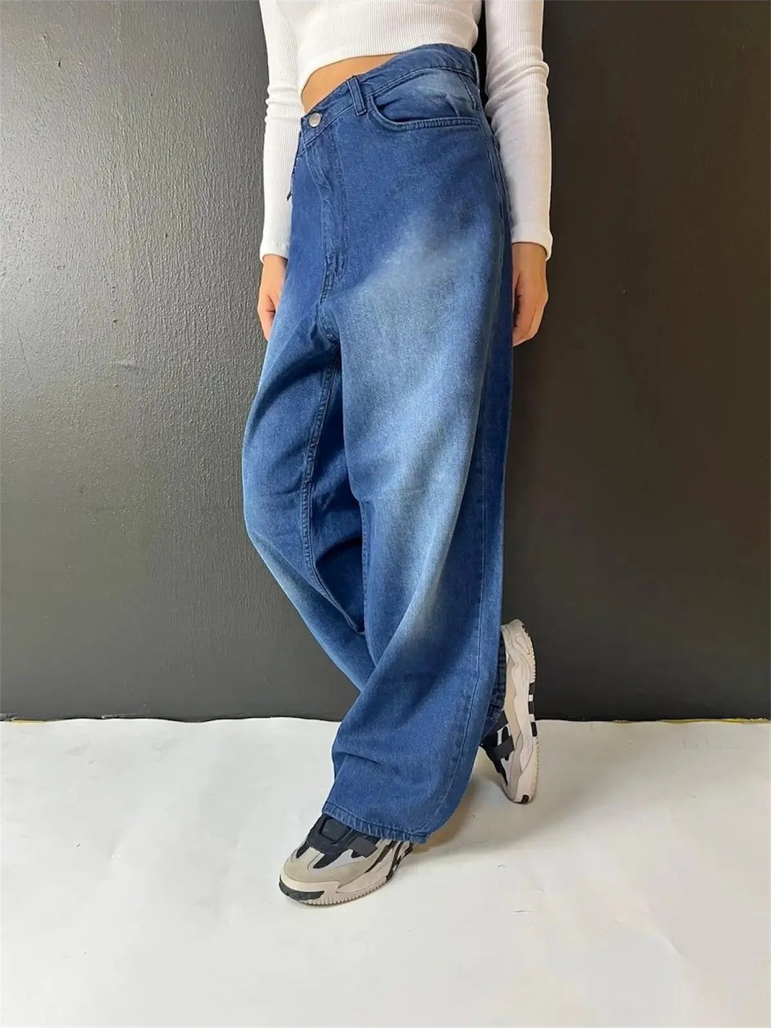 St.Poll Eskitme Yıkamalı Baggy Jean Kadın Denim Geniş Paça Günlük Stil L Beden görsel 7