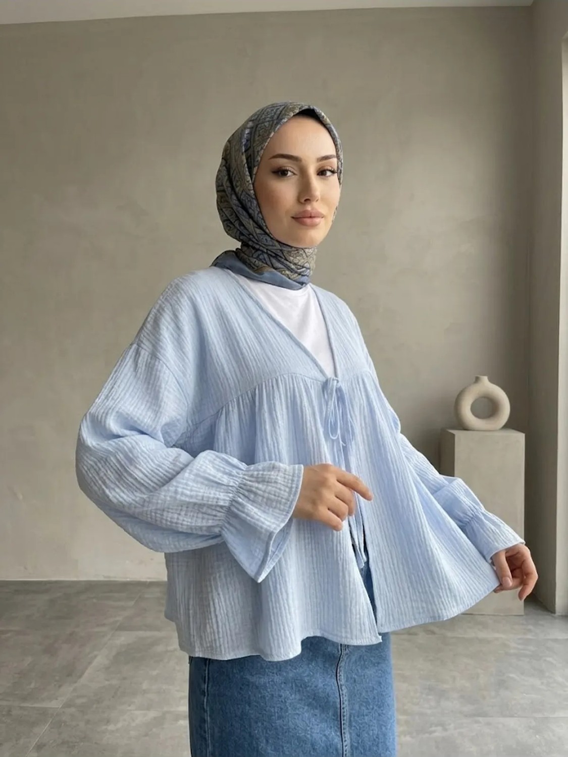 Foremia Önü Bağlamalı Kısa Kimono-Taş - görsel 7