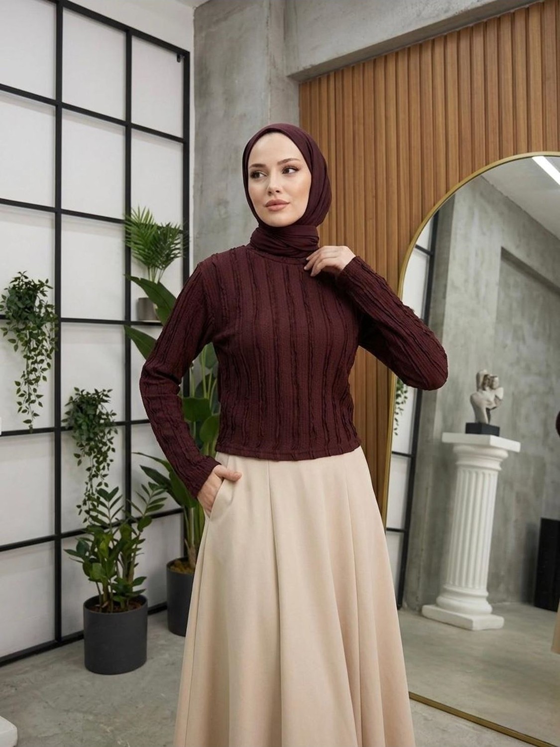 Miostil Bisiklet Yaka Fırfır Bluz-Bordo görsel 4