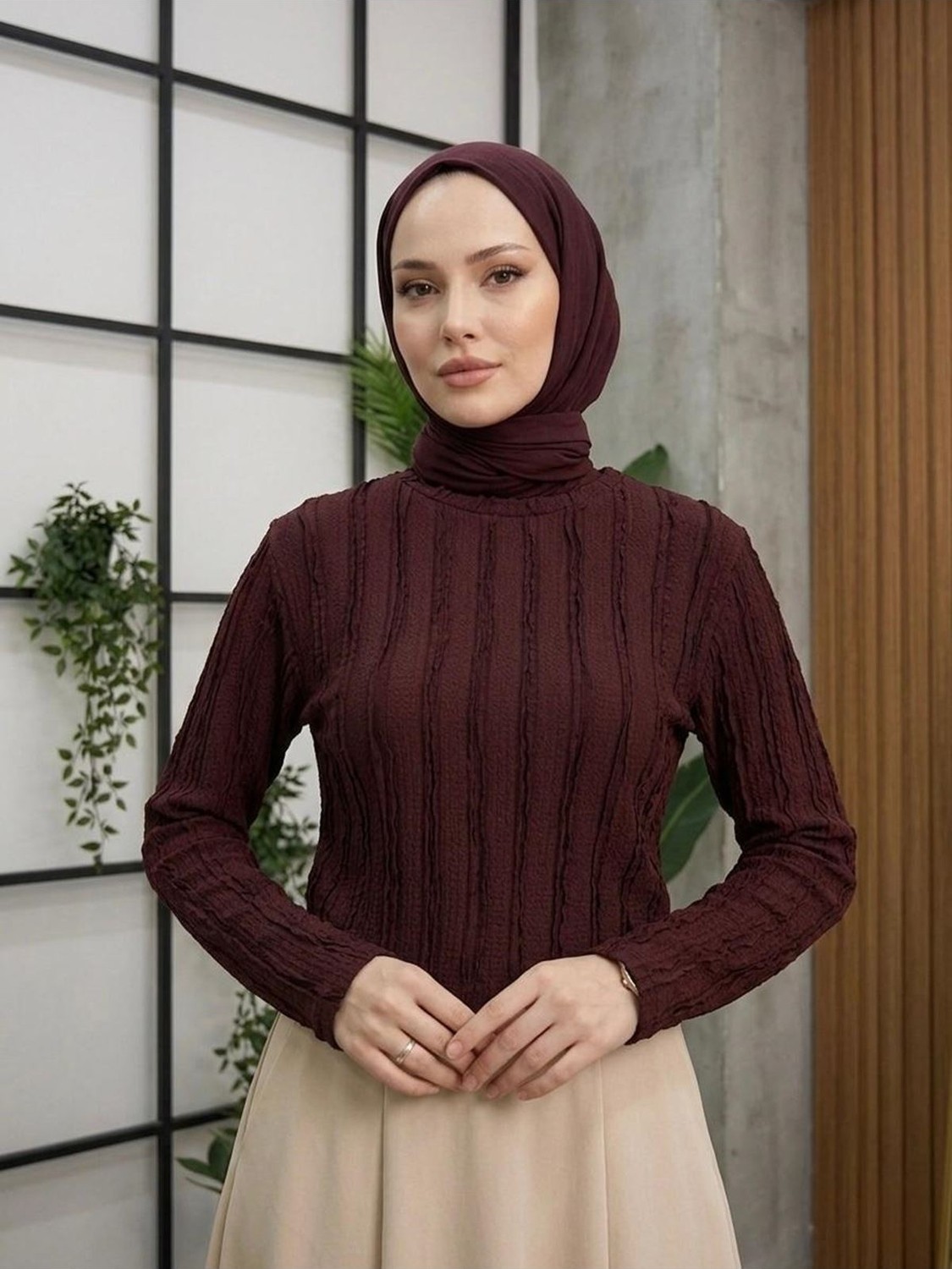 Miostil Bisiklet Yaka Fırfır Bluz-Bordo görsel 5