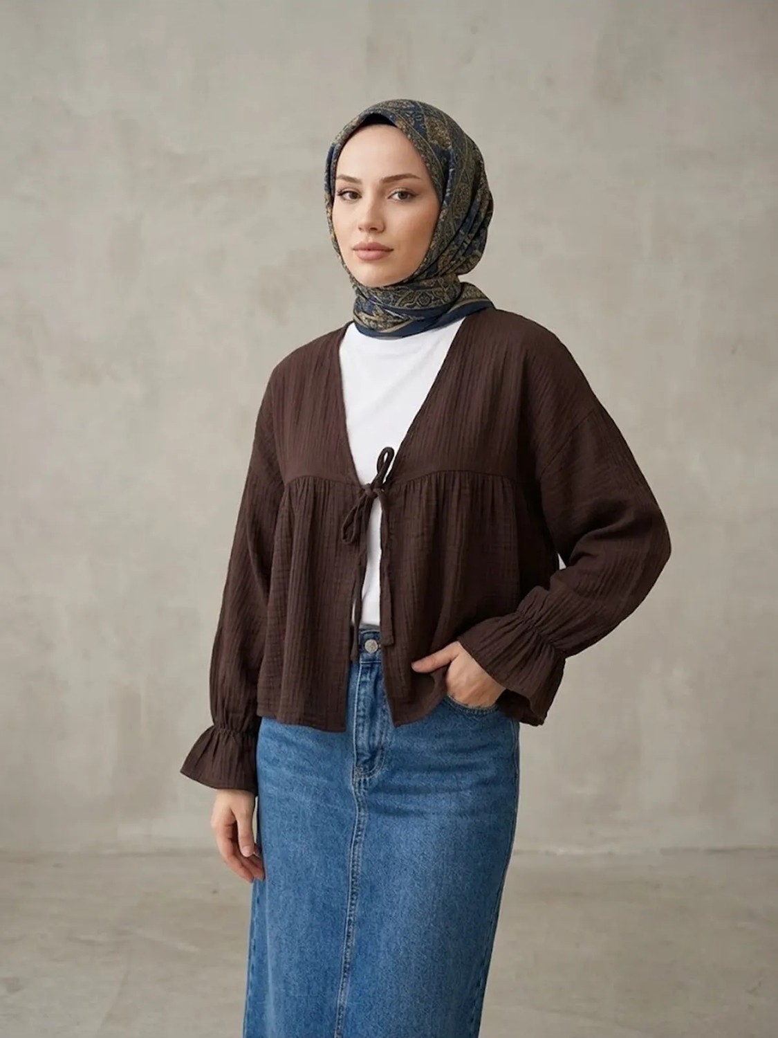 Foremia Önü Bağlamalı Kısa Kimono-Taş - görsel 8