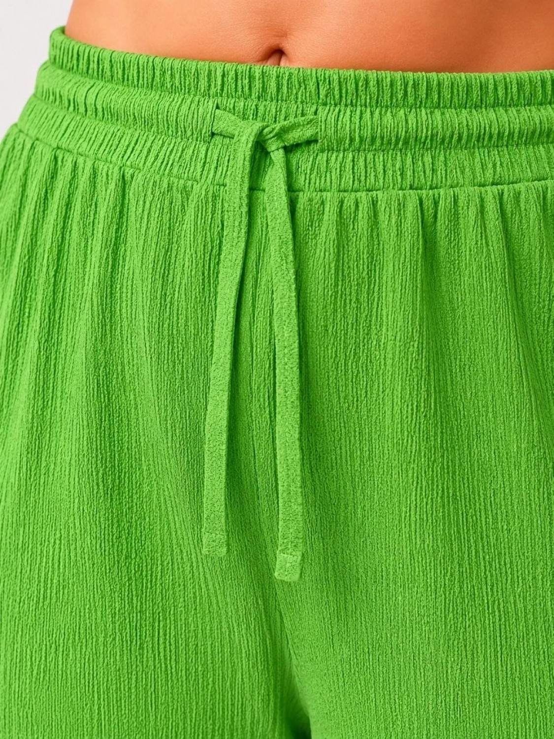 Hace Bazaar Kadın Battal Beden Bürümcük Kumaş Beli Lastikli Bağcıklı Bol Paça Palazzo Pantolon - Yeşil görsel 2