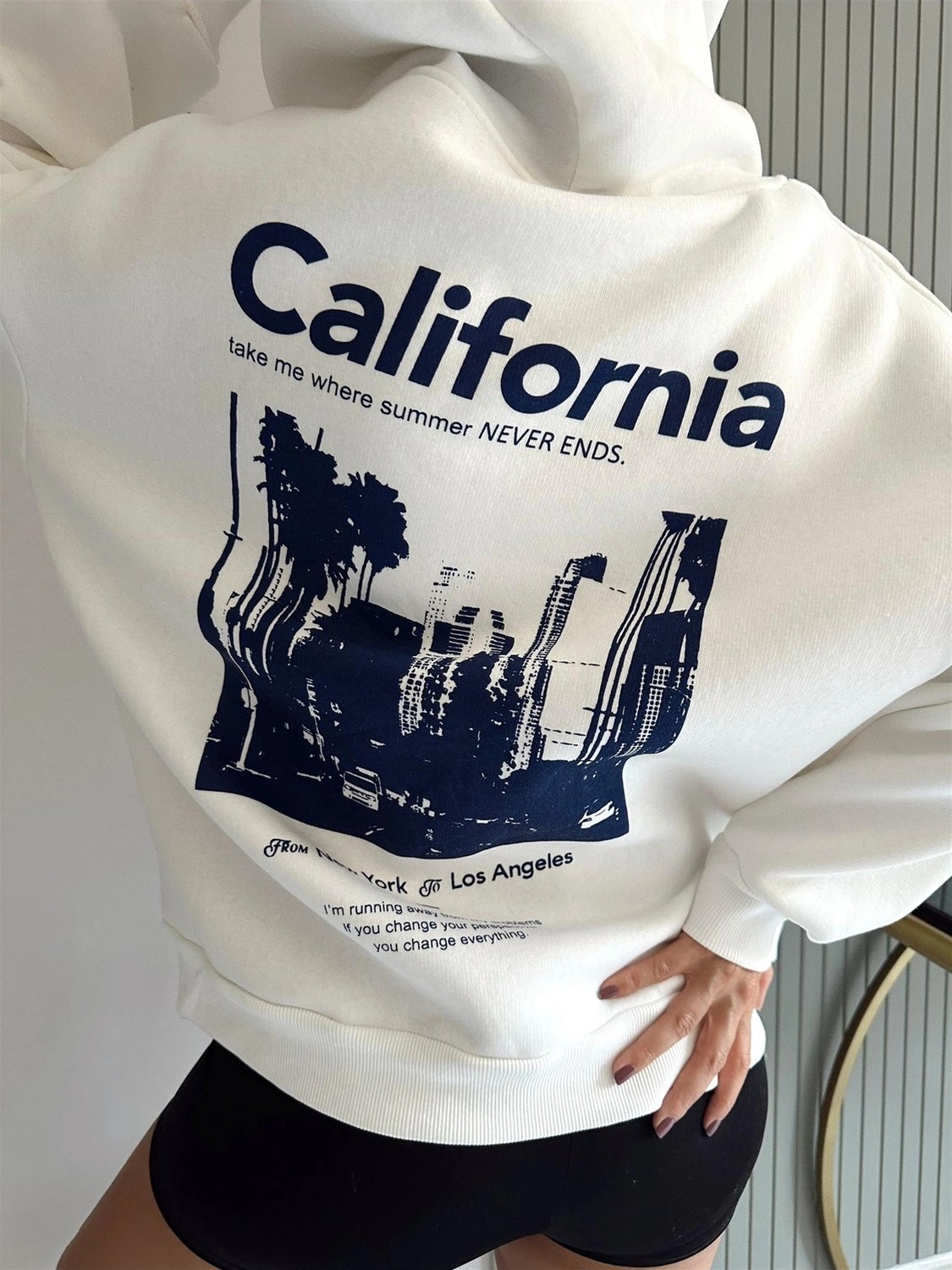 Tarzsokak Unisex Erkek/kadın Calıfornia Renkli Özel Baskılı Oversize Kapüşonlu Sweatshirt Beyaz