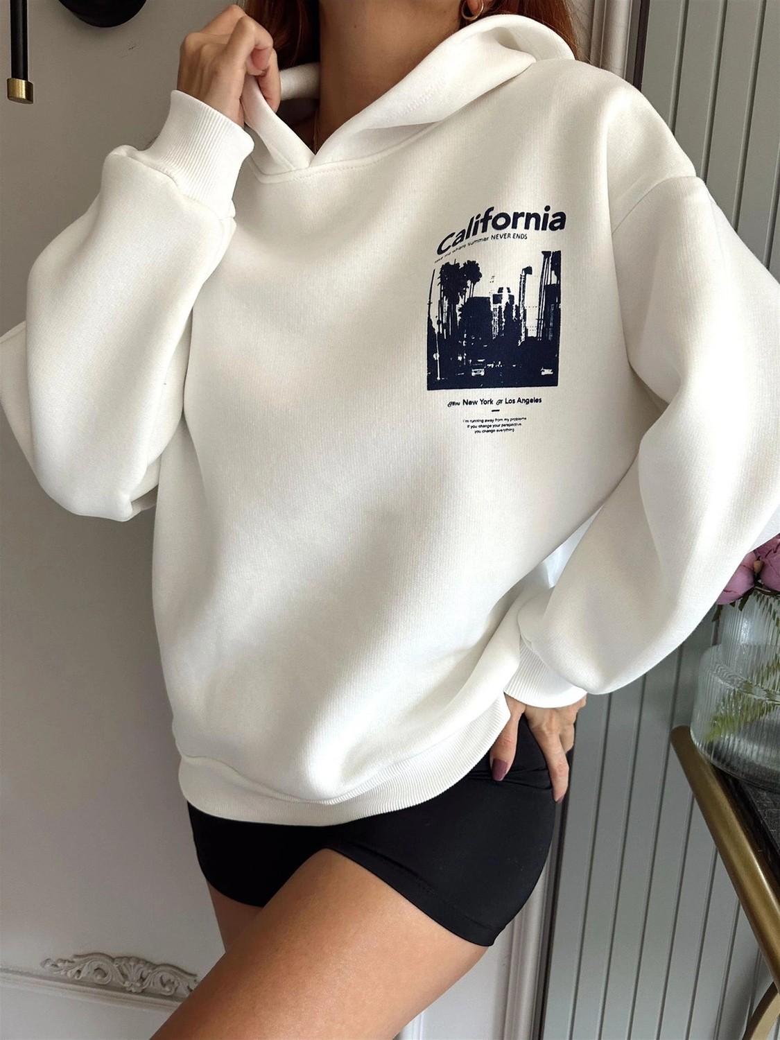 Tarzsokak Unisex Erkek/kadın Calıfornia Renkli Özel Baskılı Oversize Kapüşonlu Sweatshirt Beyaz görsel 2