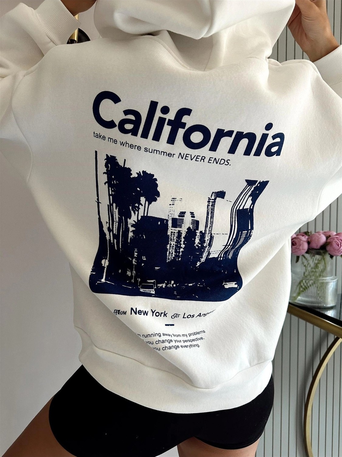 Tarzsokak Unisex Erkek/kadın Calıfornia Renkli Özel Baskılı Oversize Kapüşonlu Sweatshirt Beyaz görsel 3