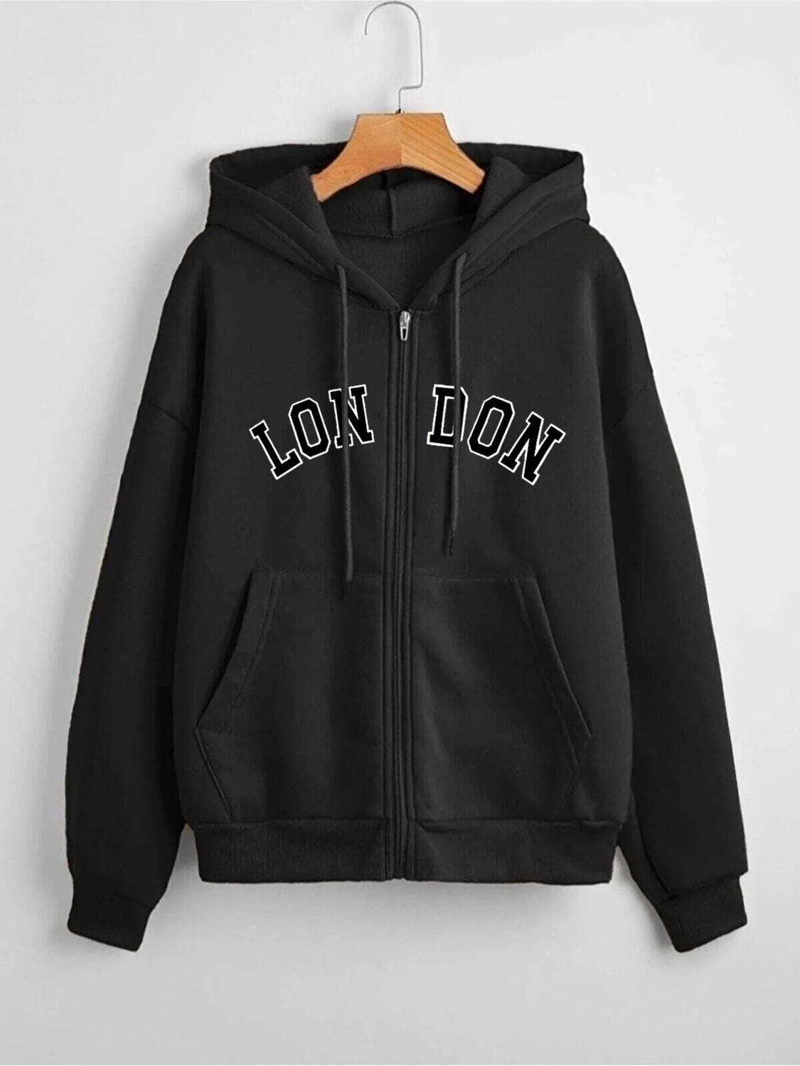 Tarzsokak Unisex 2ip Örme Kumaş London Baskılı Kapüşonlu Fermuarlı Sweatshirt Siyah