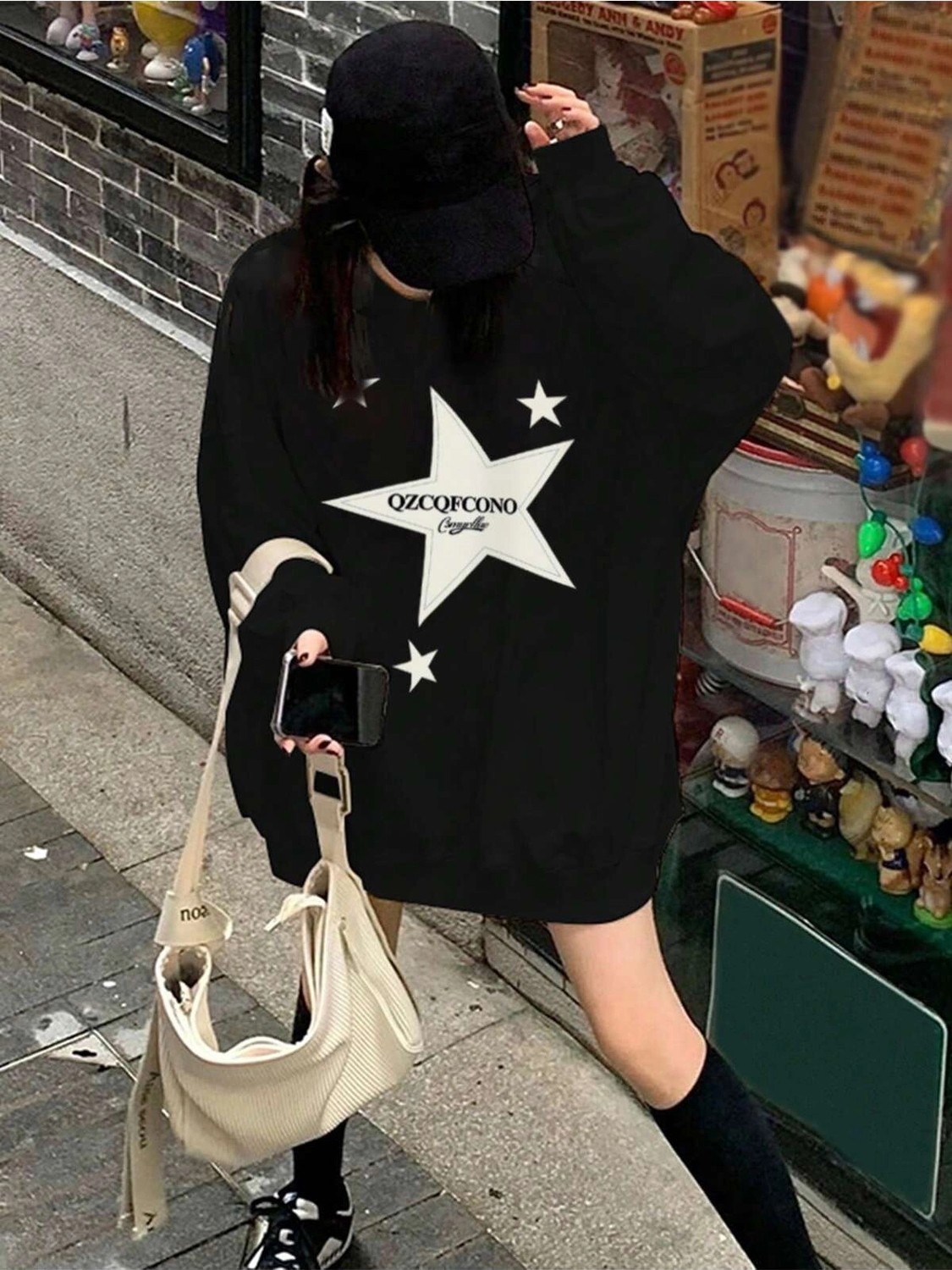 Tarzsokak Letter & Star Pattern Drop Shoulder Pullover Siyah