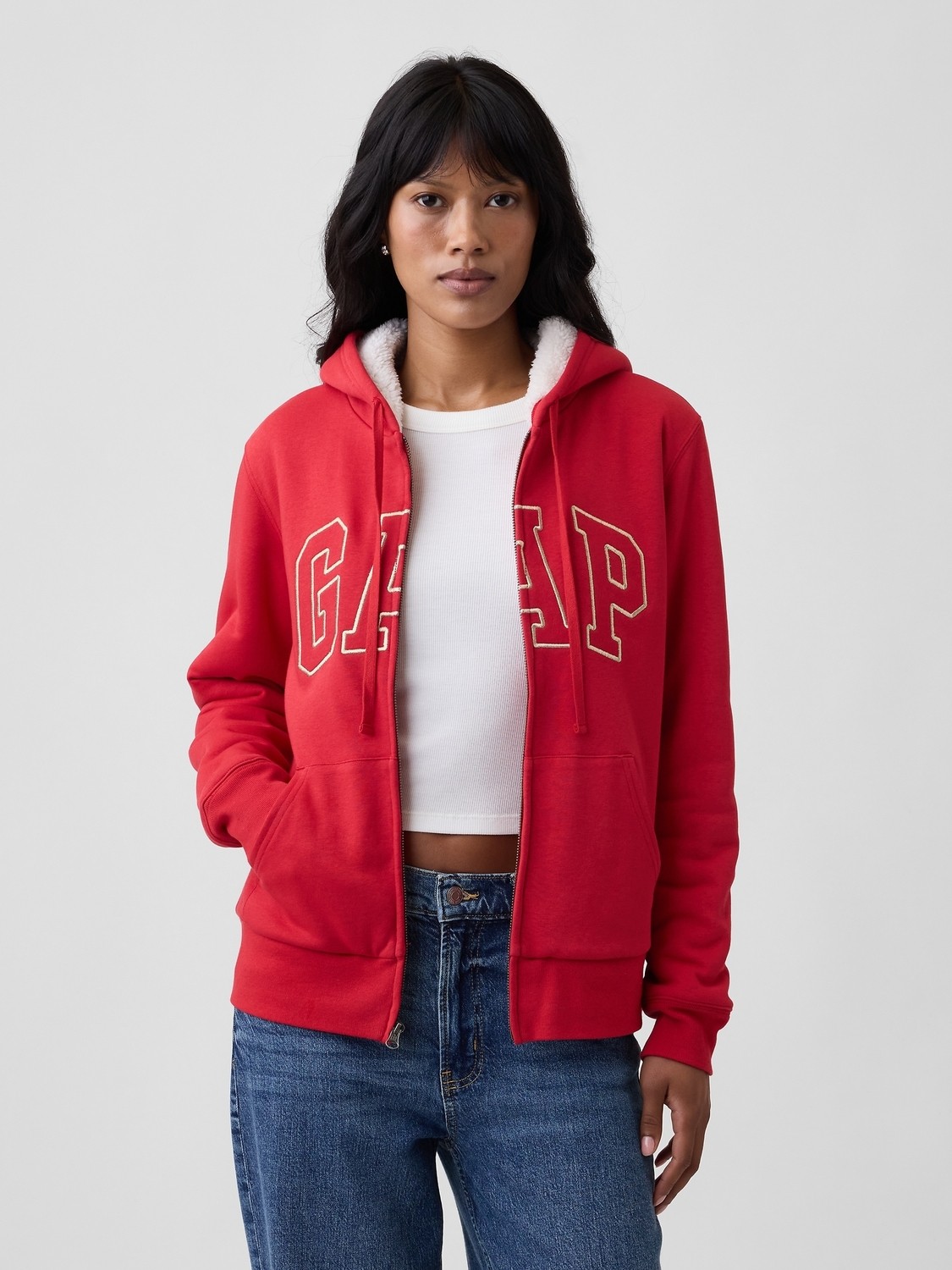 Gap Kadın Kahverengi Relaxed Gap Logo Sherpa-Astarlı Fermuarlı Sweatshirt