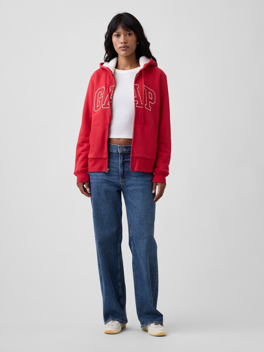 Gap Kadın Kahverengi Relaxed Gap Logo Sherpa-Astarlı Fermuarlı Sweatshirt görsel 3