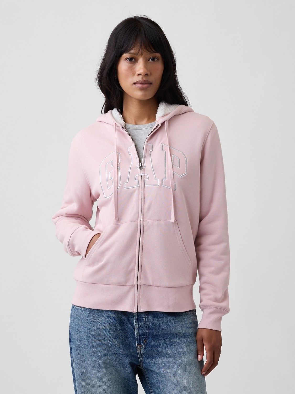 Gap Kadın Kahverengi Relaxed Gap Logo Sherpa-Astarlı Fermuarlı Sweatshirt