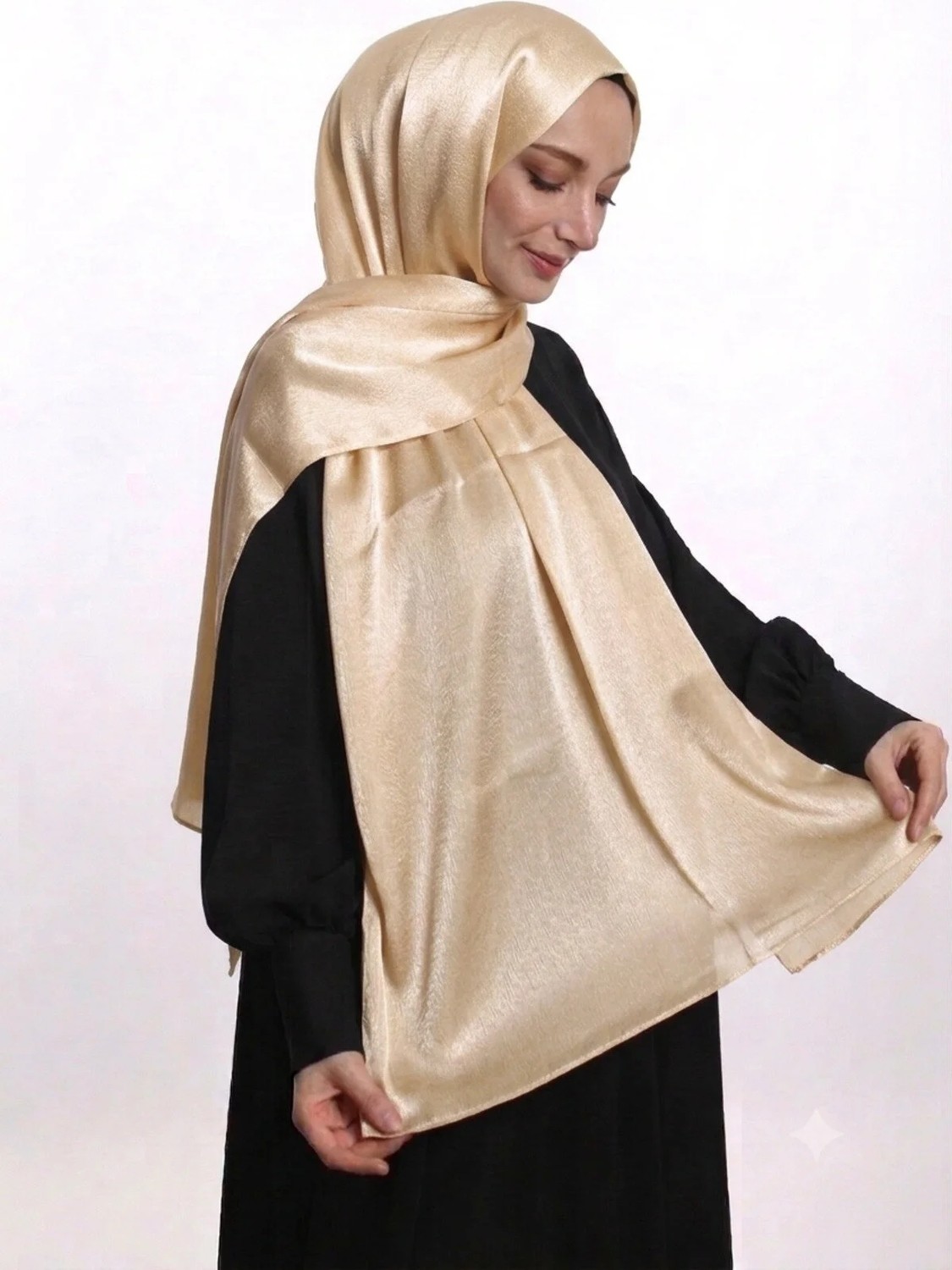 Samara Scarf Abiye Janjan Parlak Saten Dokulu Tesettür Abiye Şifon Altın Şal görsel 2