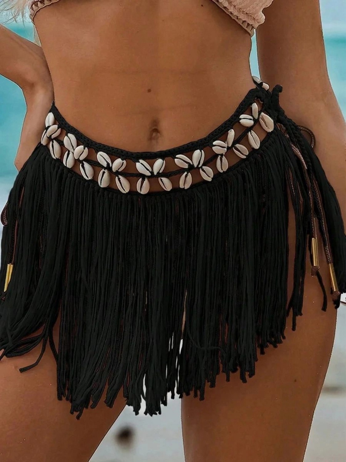 Marsilyan Siyah Bikini Üstü Deniz Kabuklu Püsküllü Pareo,beachwear,bikini Üstü El Emeği Plaj Eteği,bohem Etek