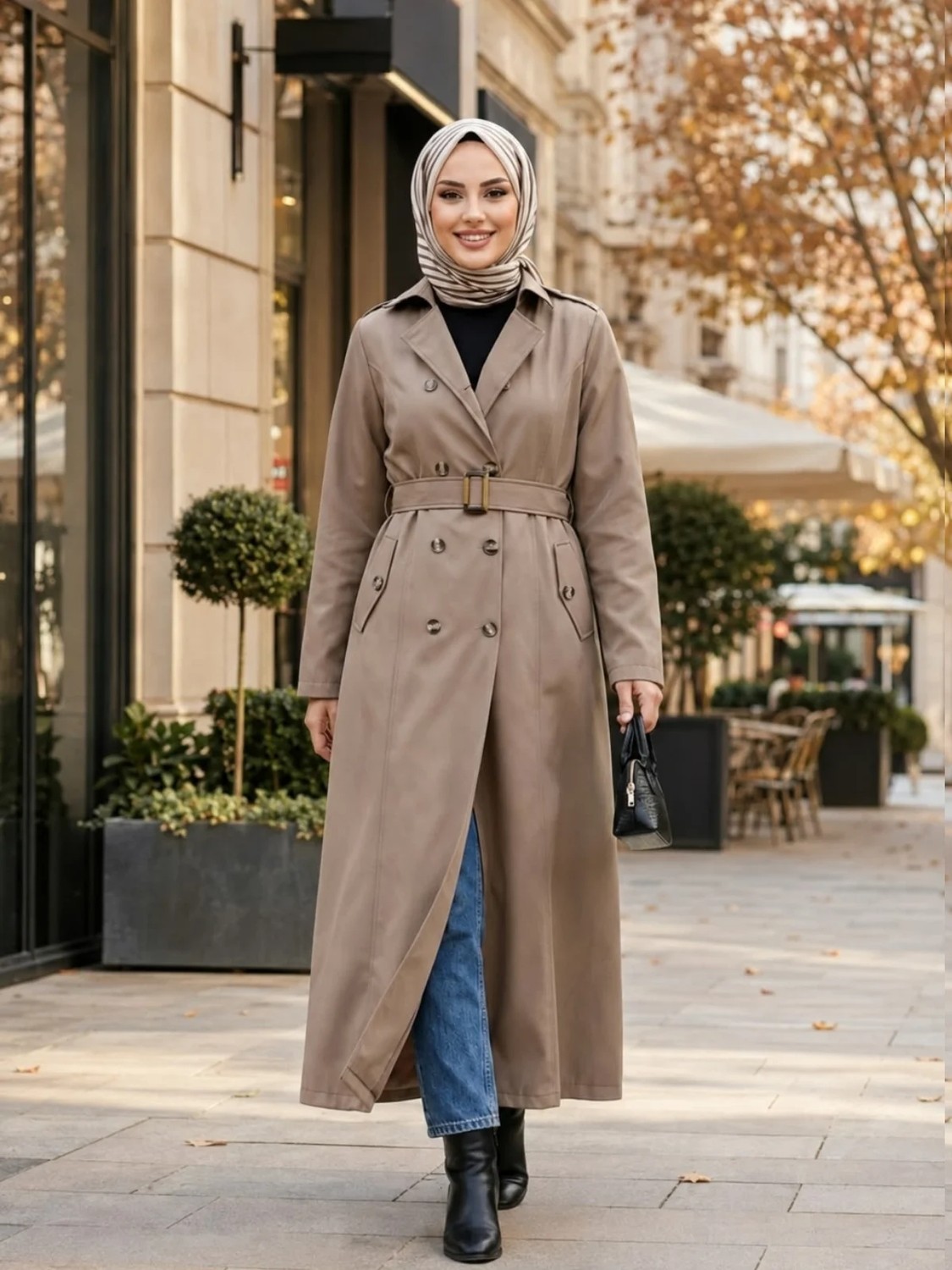 Harma Time Butik Kadın Düğmeli Astarlı Kemerli Bondit Siyah Trenç görsel 3