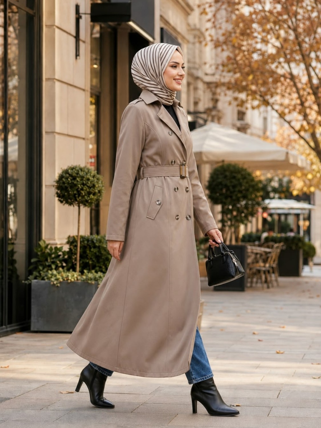 Harma Time Butik Kadın Düğmeli Astarlı Kemerli Bondit Siyah Trenç görsel 4