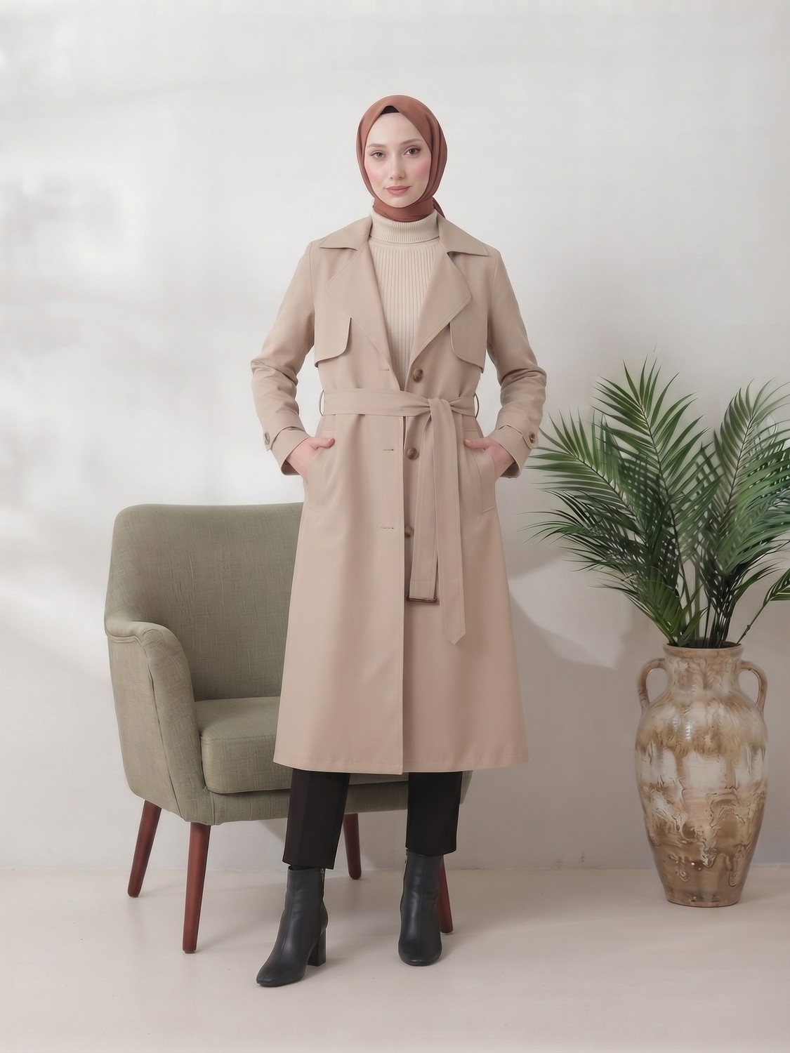 B.HE.Z Kruvaze Yaka Bondik Su Itici Kumaş Astarlı Trend Model Diz Altı Trençkot görsel 3