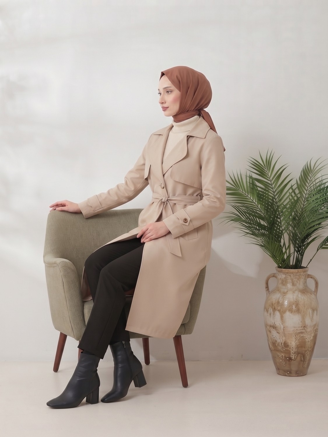 B.HE.Z Kruvaze Yaka Bondik Su Itici Kumaş Astarlı Trend Model Diz Altı Trençkot görsel 4