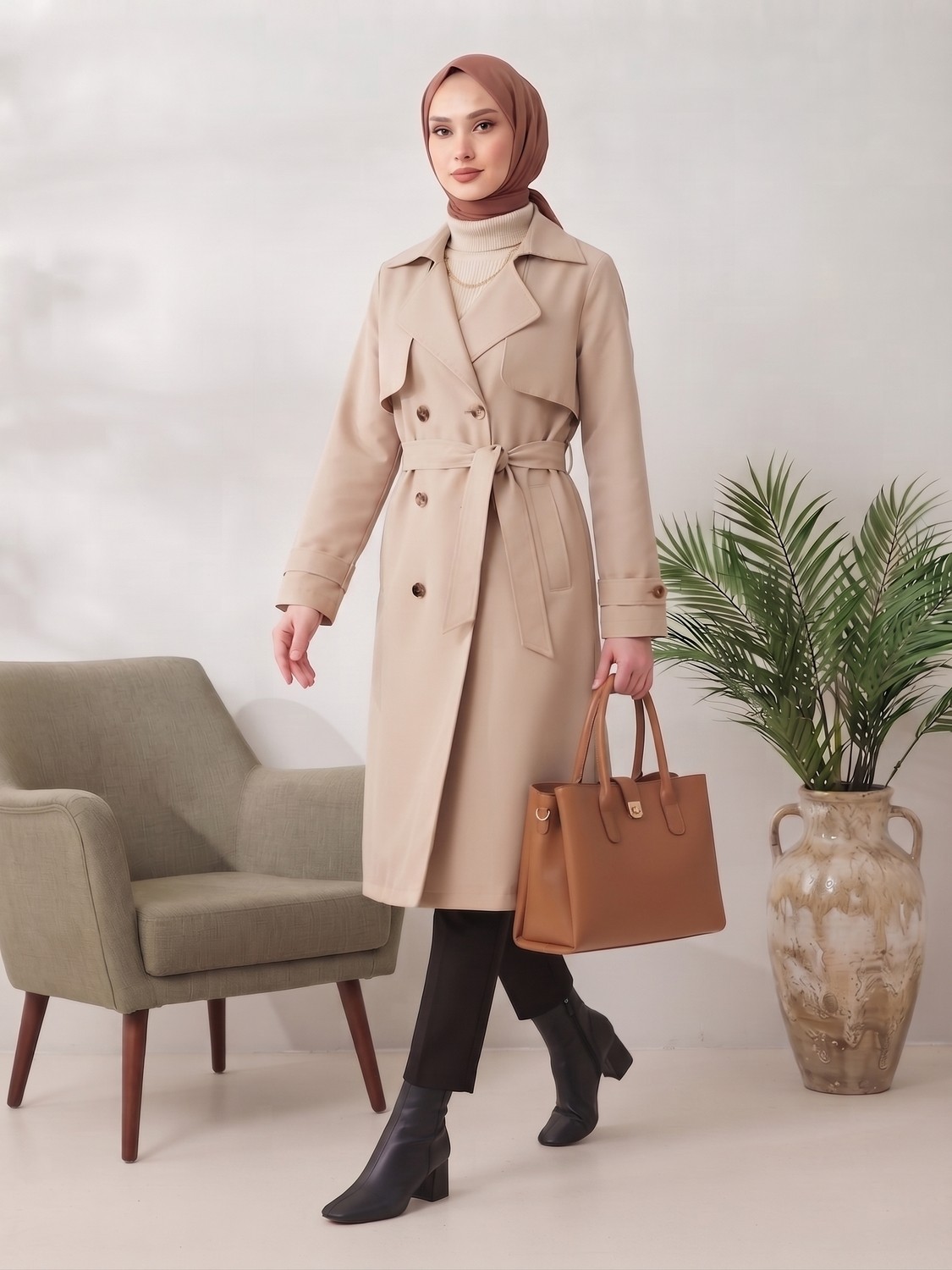 B.HE.Z Kruvaze Yaka Bondik Su Itici Kumaş Astarlı Trend Model Diz Altı Trençkot görsel 5