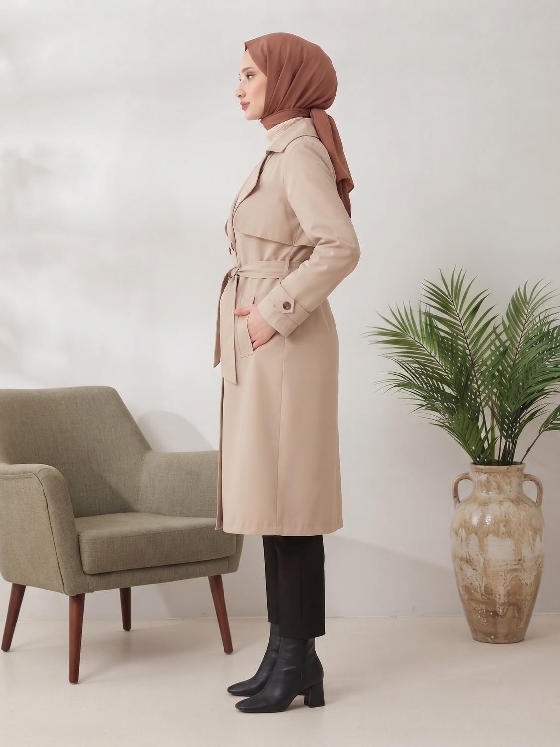 B.HE.Z Kruvaze Yaka Bondik Su Itici Kumaş Astarlı Trend Model Diz Altı Trençkot görsel 6