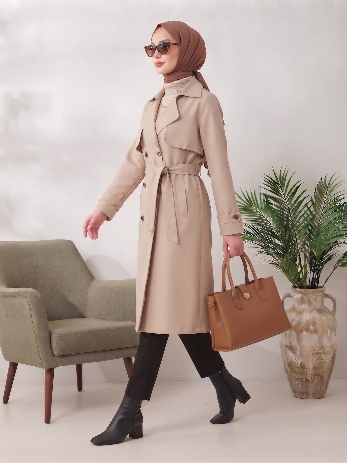 B.HE.Z Kruvaze Yaka Bondik Su Itici Kumaş Astarlı Trend Model Diz Altı Trençkot görsel 7