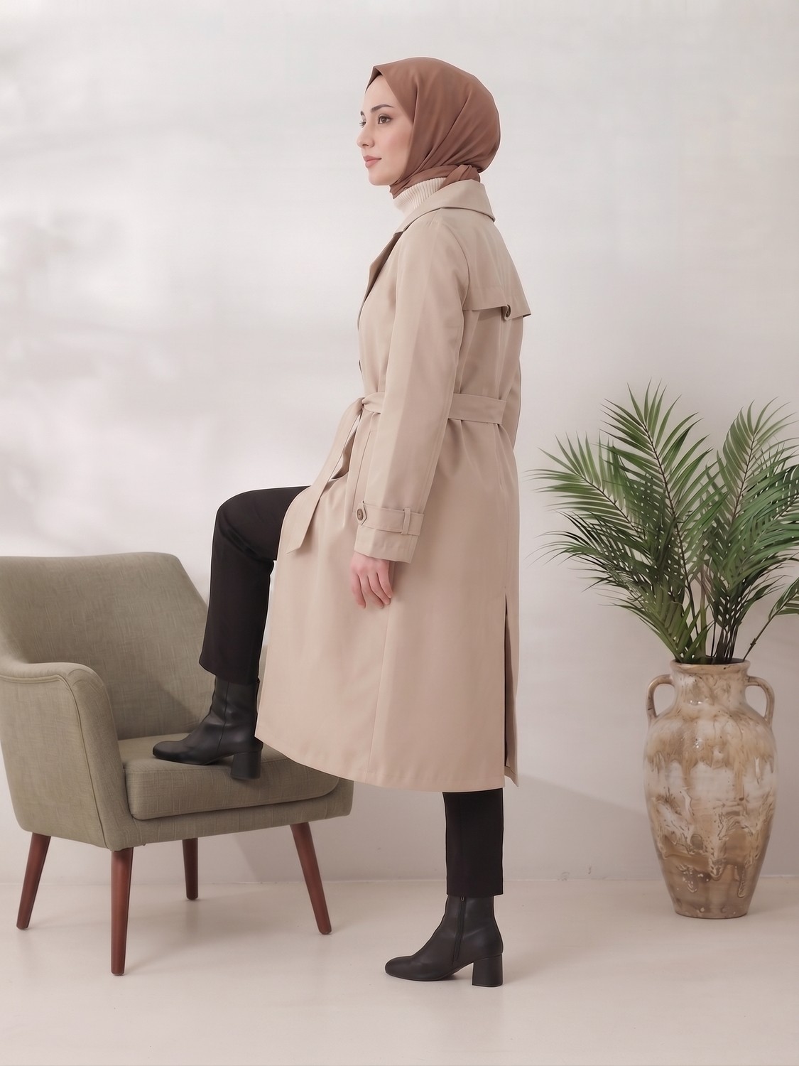 B.HE.Z Kruvaze Yaka Bondik Su Itici Kumaş Astarlı Trend Model Diz Altı Trençkot görsel 8