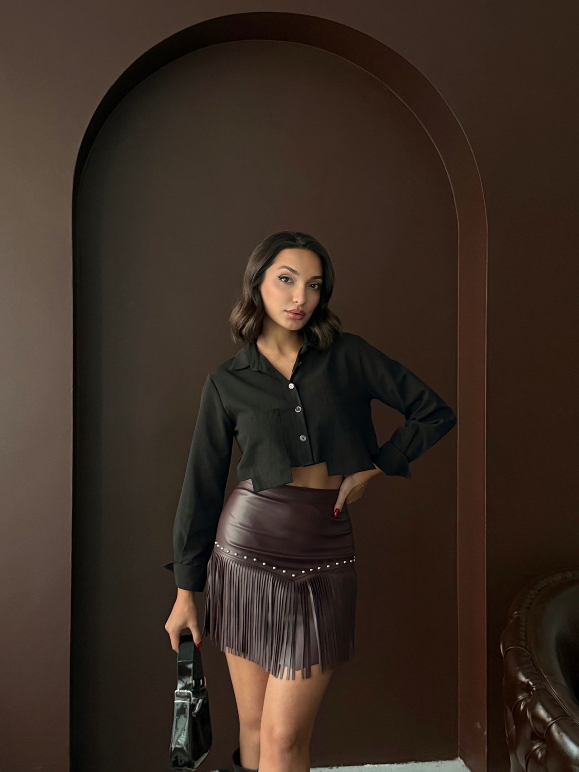 Very Moda Western Tarz Püsküllü Mini Deri Etek | F2041 görsel 8