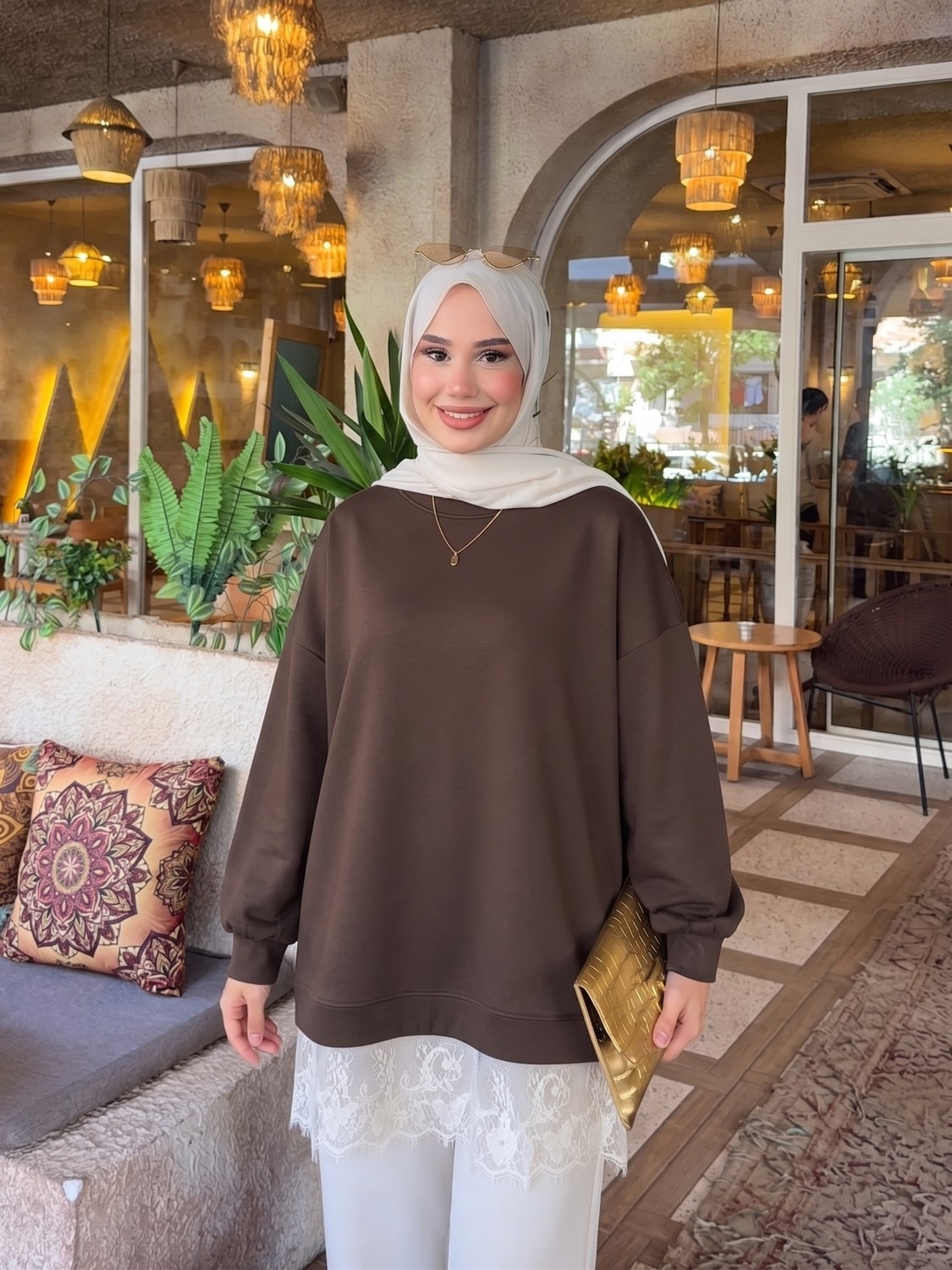 Trendparis Altı Dantel Detaylı Oysho Kumaş Oversize Tunik Kahverengi