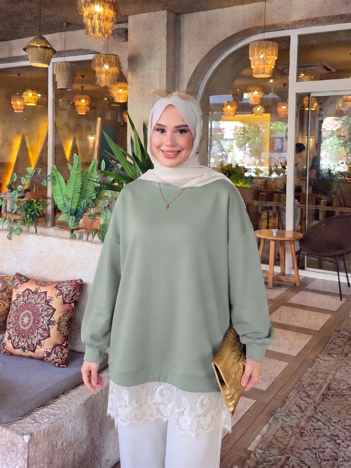 Trendparis Altı Dantel Detaylı Oysho Kumaş Oversize Tunik Kahverengi görsel 4