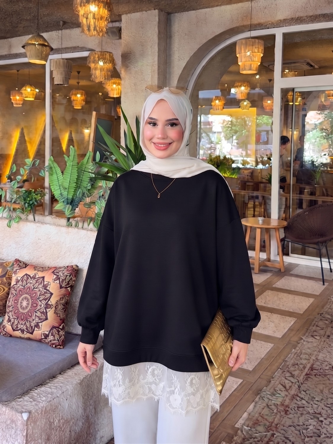 Trendparis Altı Dantel Detaylı Oysho Kumaş Oversize Tunik Kahverengi görsel 5
