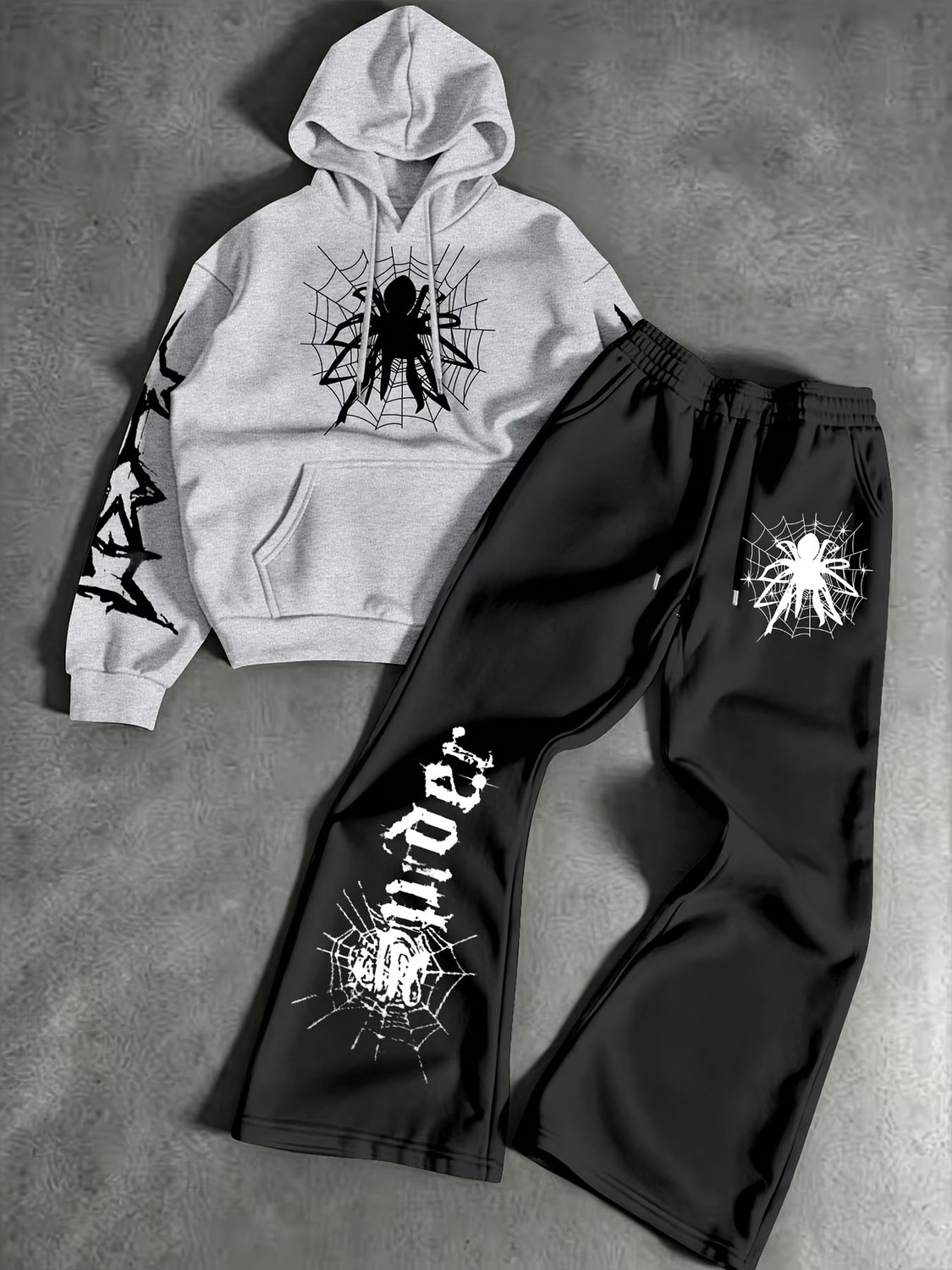 Macklin Unisex Kadın Erkek Spider Baskılı Oversize 3 Iplik Kapüşonlu Hoodie ve Baggy Eşofman Altı görsel 4