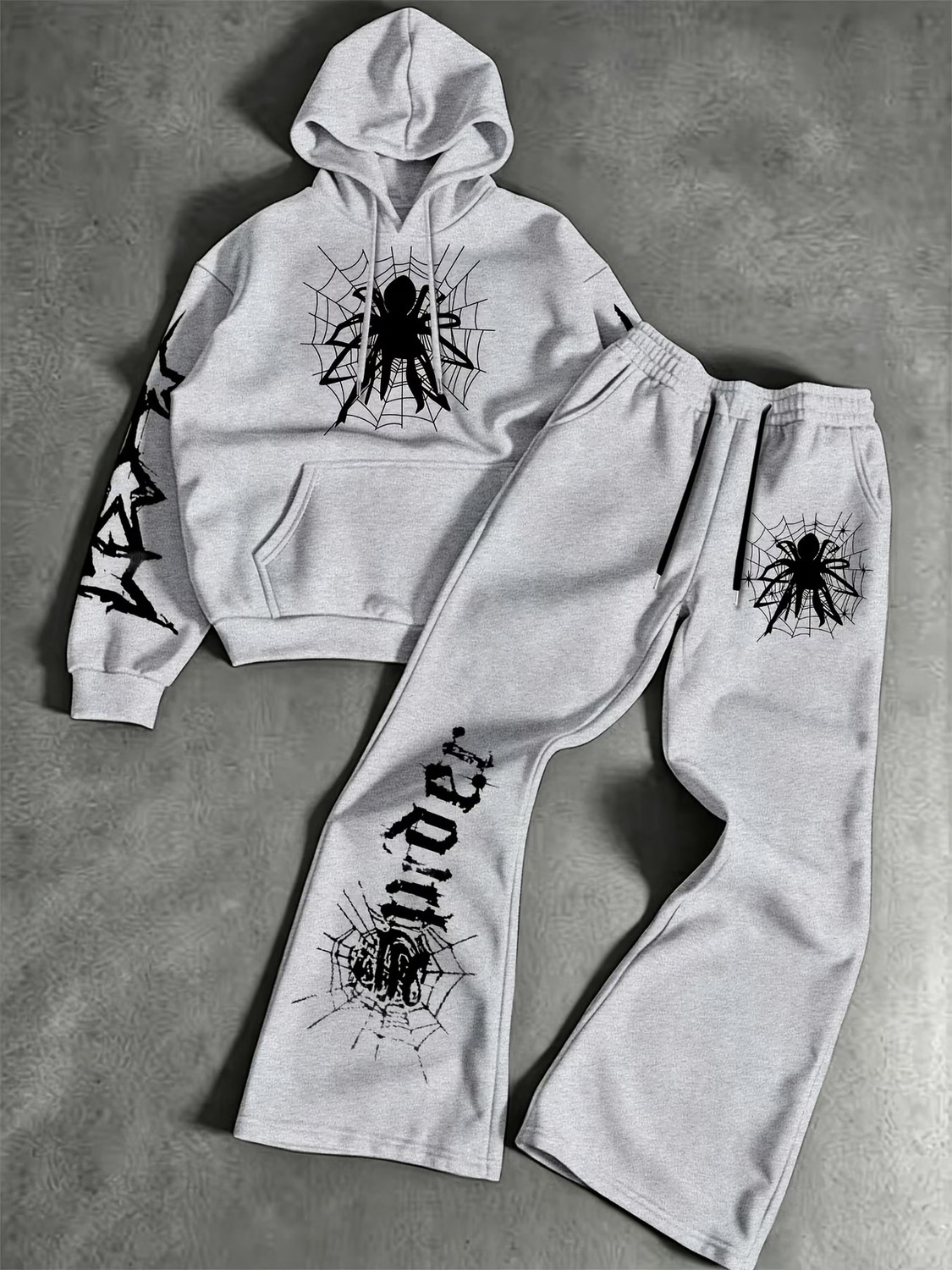 Macklin Unisex Kadın Erkek Spider Baskılı Oversize 3 Iplik Kapüşonlu Hoodie ve Baggy Eşofman Altı