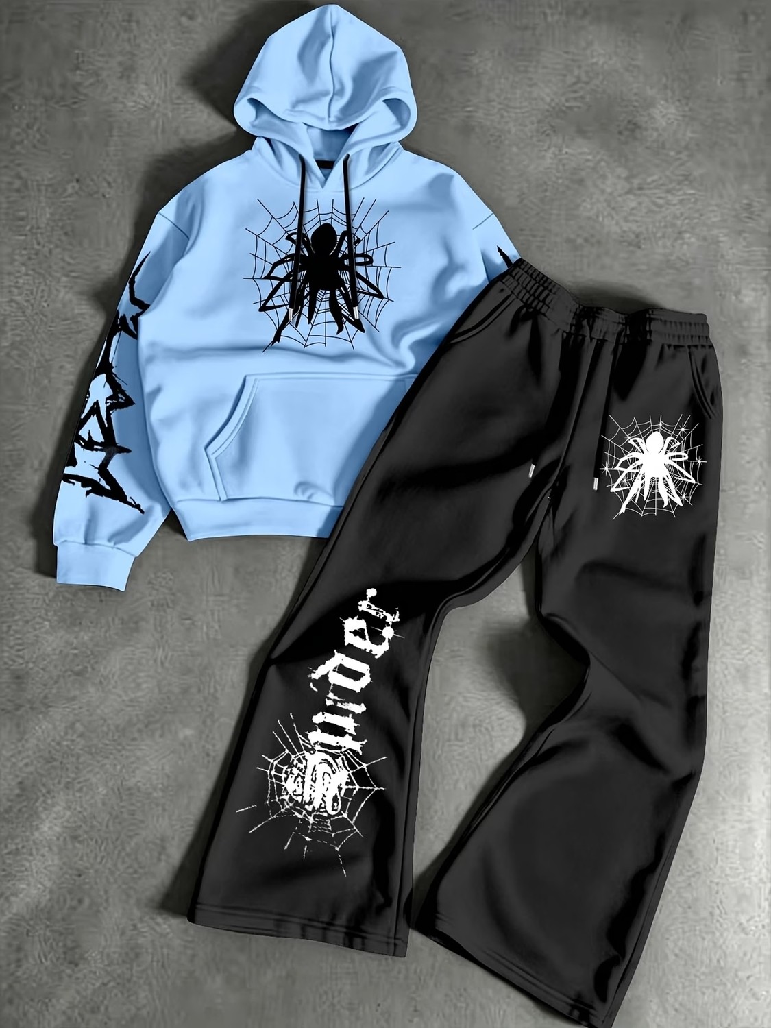 Macklin Unisex Kadın Erkek Spider Baskılı Oversize 3 Iplik Kapüşonlu Hoodie ve Baggy Eşofman Altı görsel 7