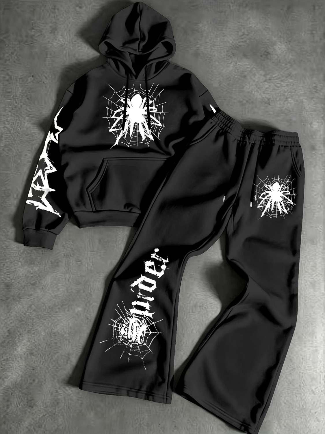 Macklin Unisex Kadın Erkek Spider Baskılı Oversize 3 Iplik Kapüşonlu Hoodie ve Baggy Eşofman Altı