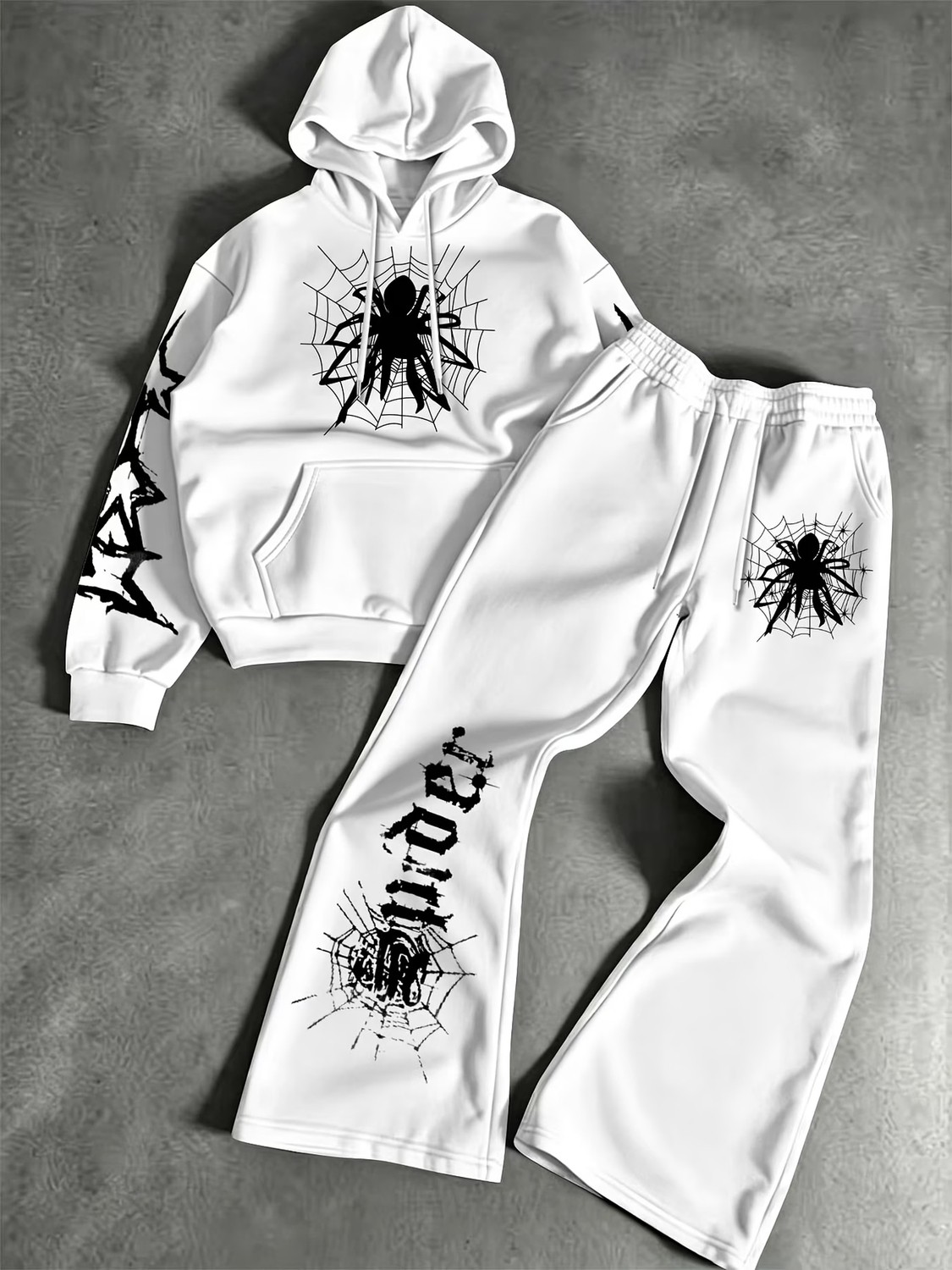 Macklin Unisex Kadın Erkek Spider Baskılı Oversize 3 Iplik Kapüşonlu Hoodie ve Baggy Eşofman Altı