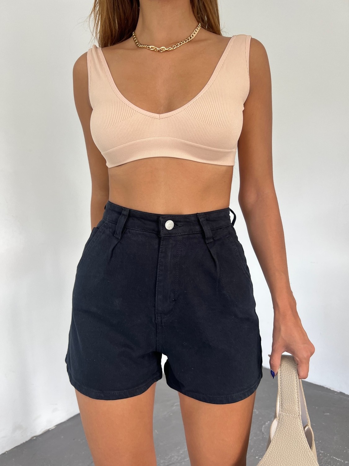 Çift Cepli Pileli Mini Denim Şort - Siyah - 38