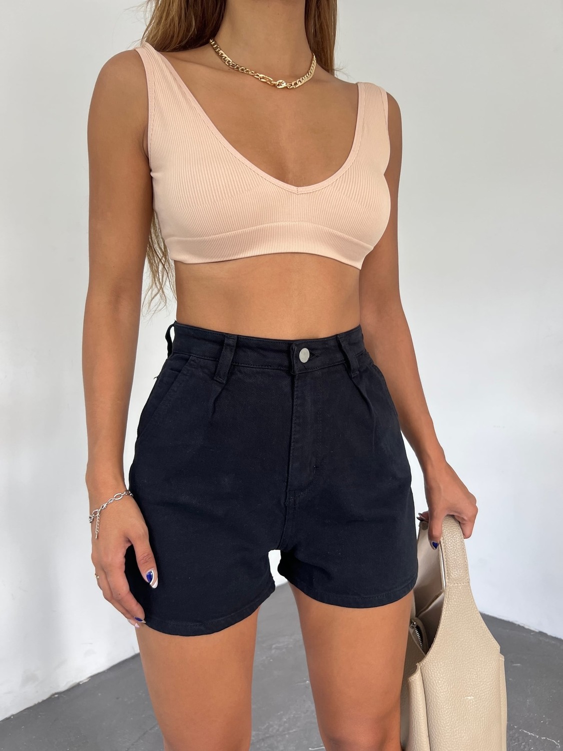 Çift Cepli Pileli Mini Denim Şort - Siyah - 38 görsel 2