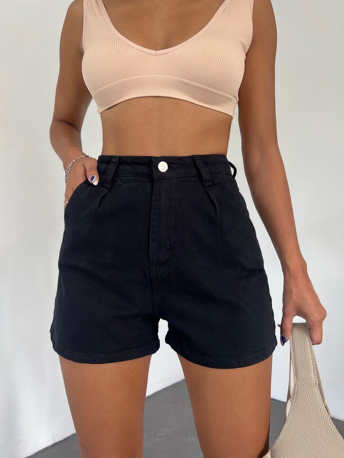 Çift Cepli Pileli Mini Denim Şort - Siyah - 38 görsel 3