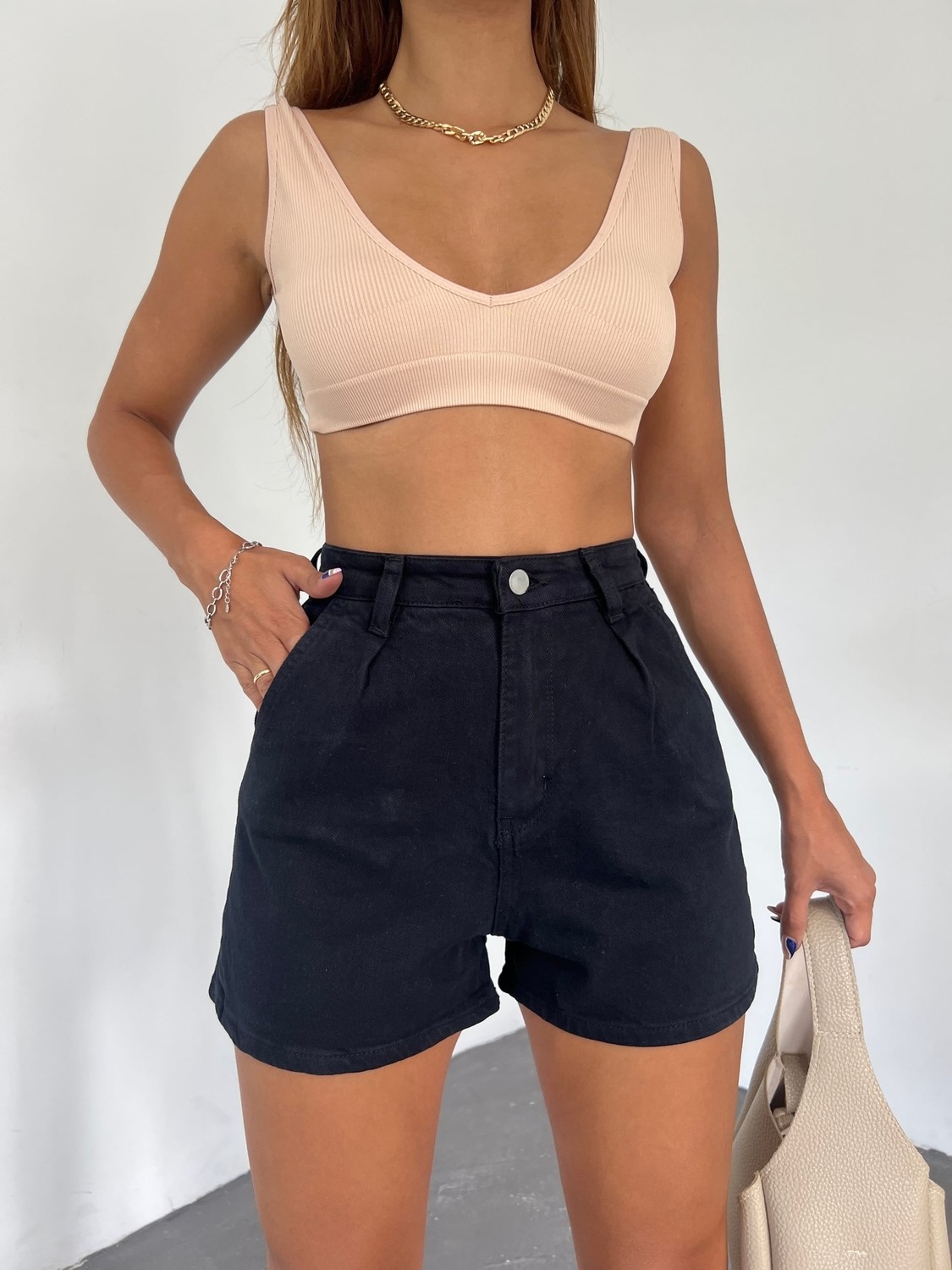 Çift Cepli Pileli Mini Denim Şort - Siyah - 38 görsel 4