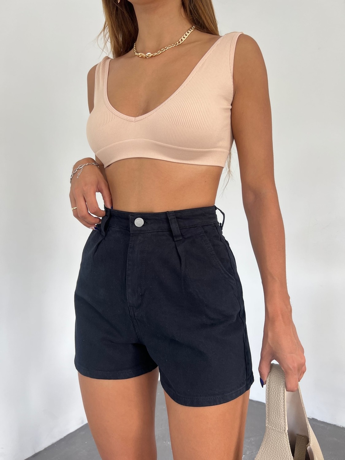 Çift Cepli Pileli Mini Denim Şort - Siyah - 38 görsel 5