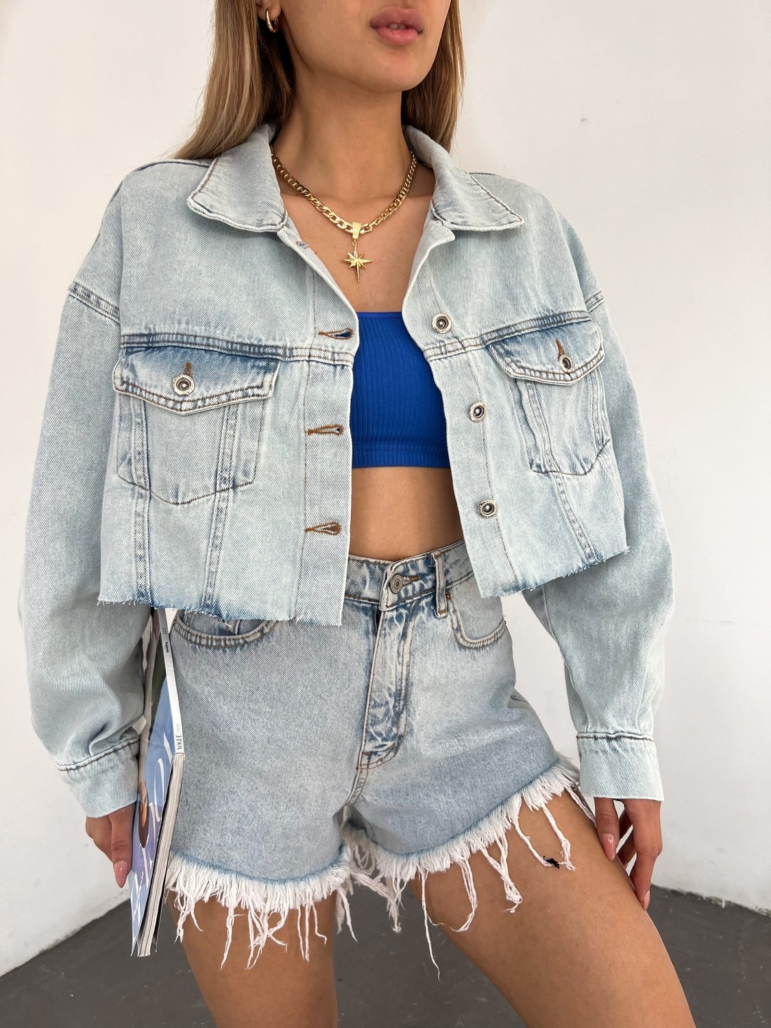 Çift Cepli Yıkamalı Crop Denim Ceket - Mavi - S görsel 2