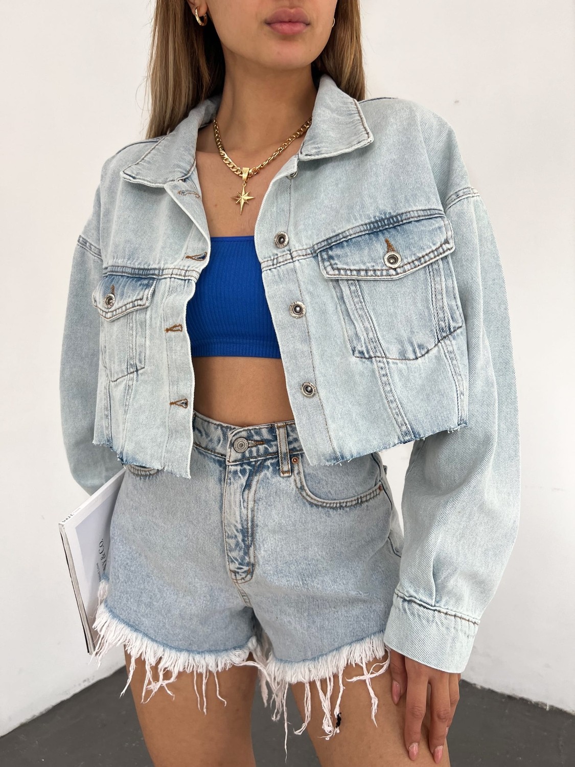 Çift Cepli Yıkamalı Crop Denim Ceket - Mavi - S görsel 3