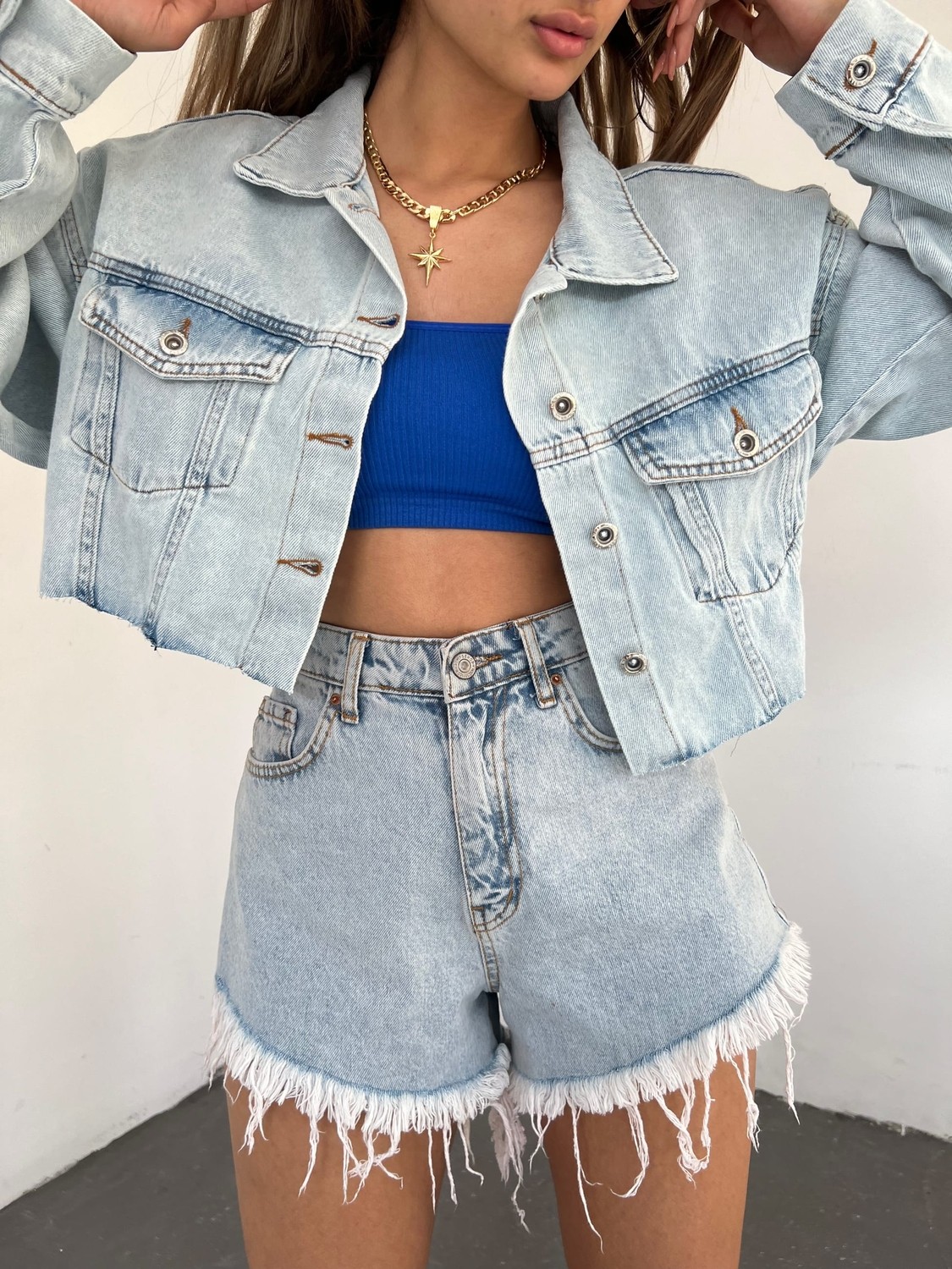 Çift Cepli Yıkamalı Crop Denim Ceket - Mavi - S görsel 4
