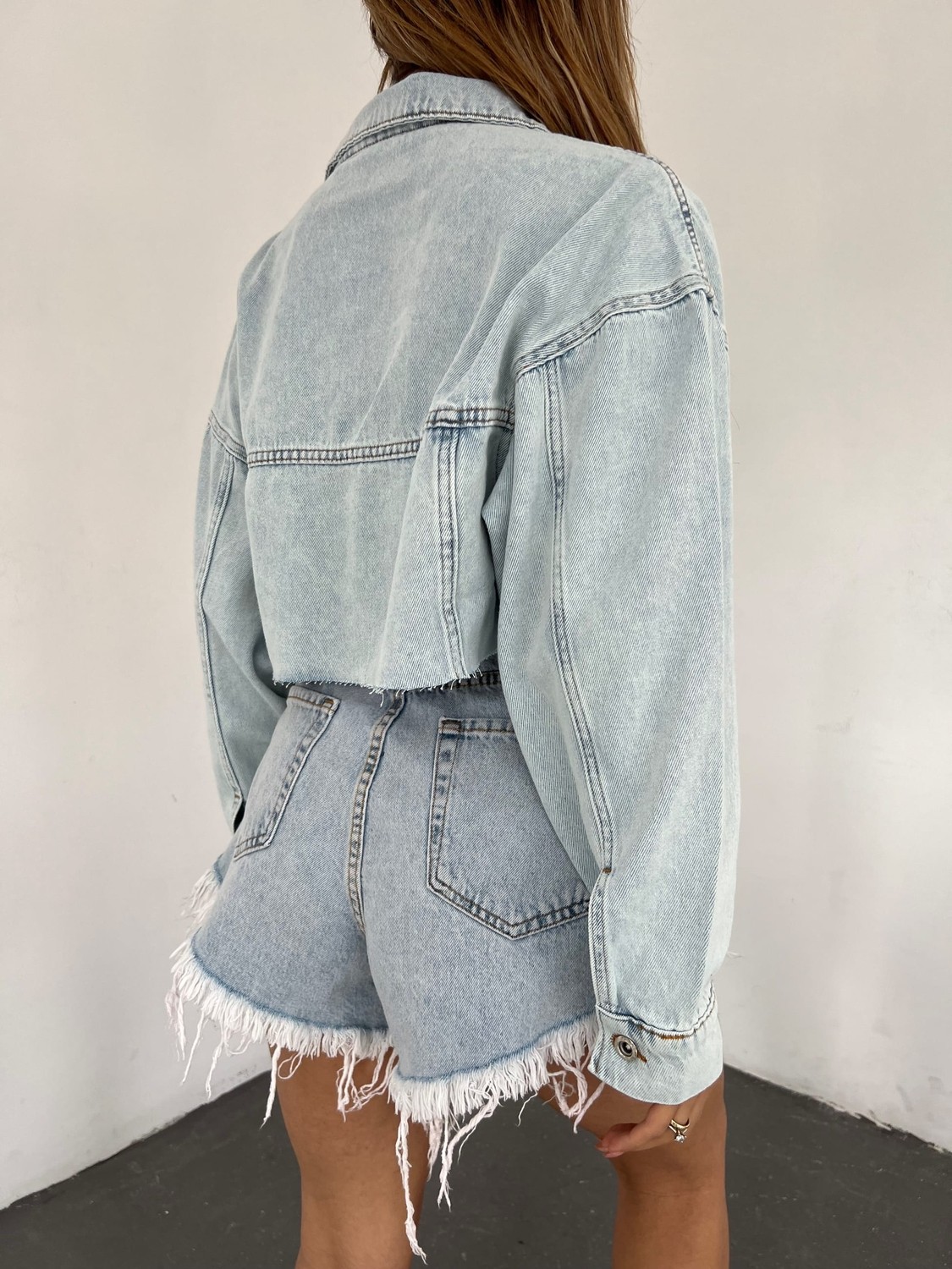 Çift Cepli Yıkamalı Crop Denim Ceket - Mavi - S görsel 5