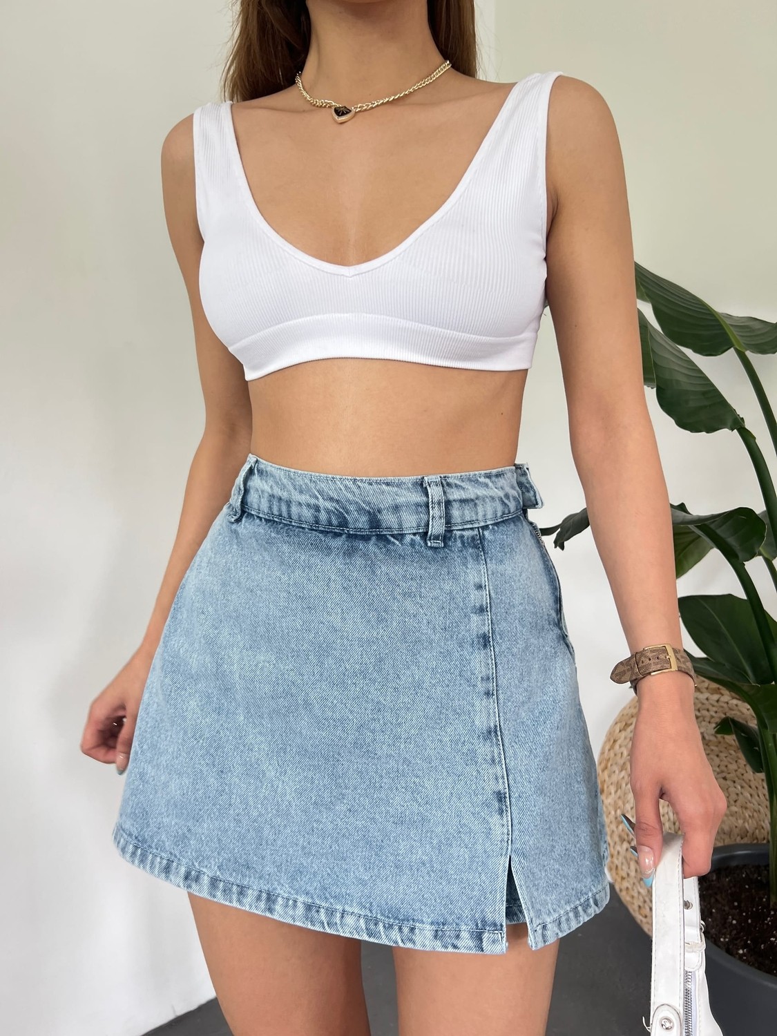 Yırtmaç Detaylı Denim Şort Etek - Mavi - 40