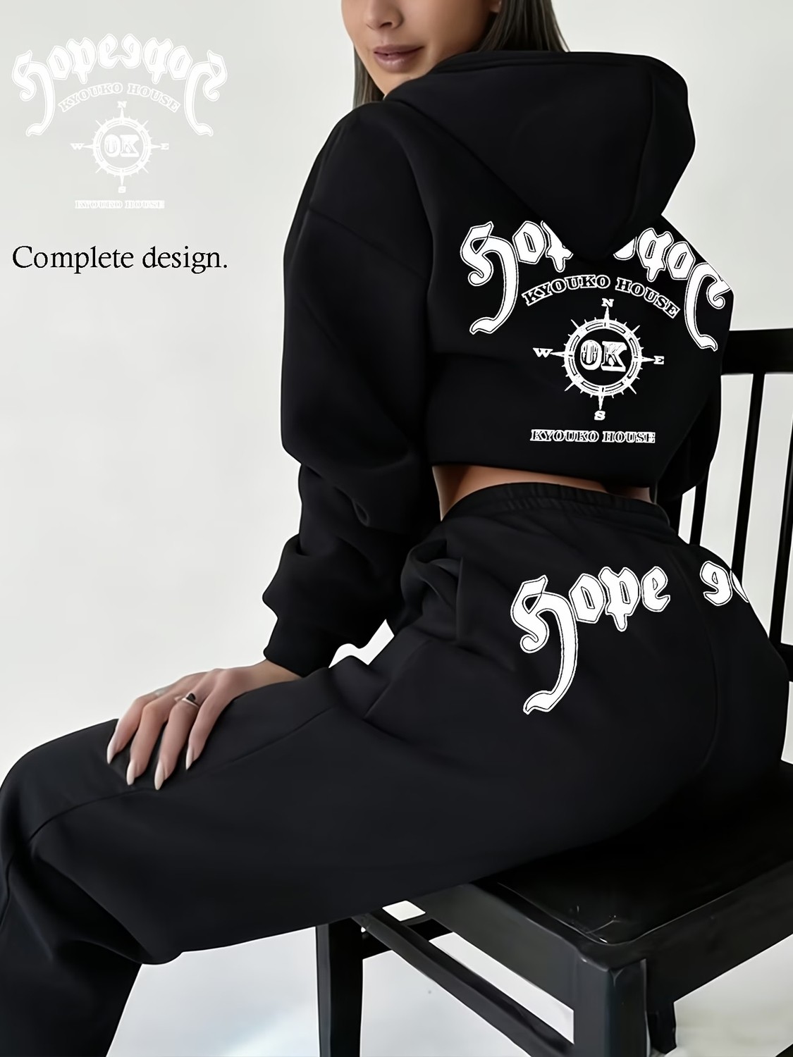 Macklin Unisex Kadın Erkek Hope House Sırt ve Bel Yazı Baskılı Oversize 3 Iplik Kapüşonlu Sweatshirt ve Baggy Eşofman Altı
