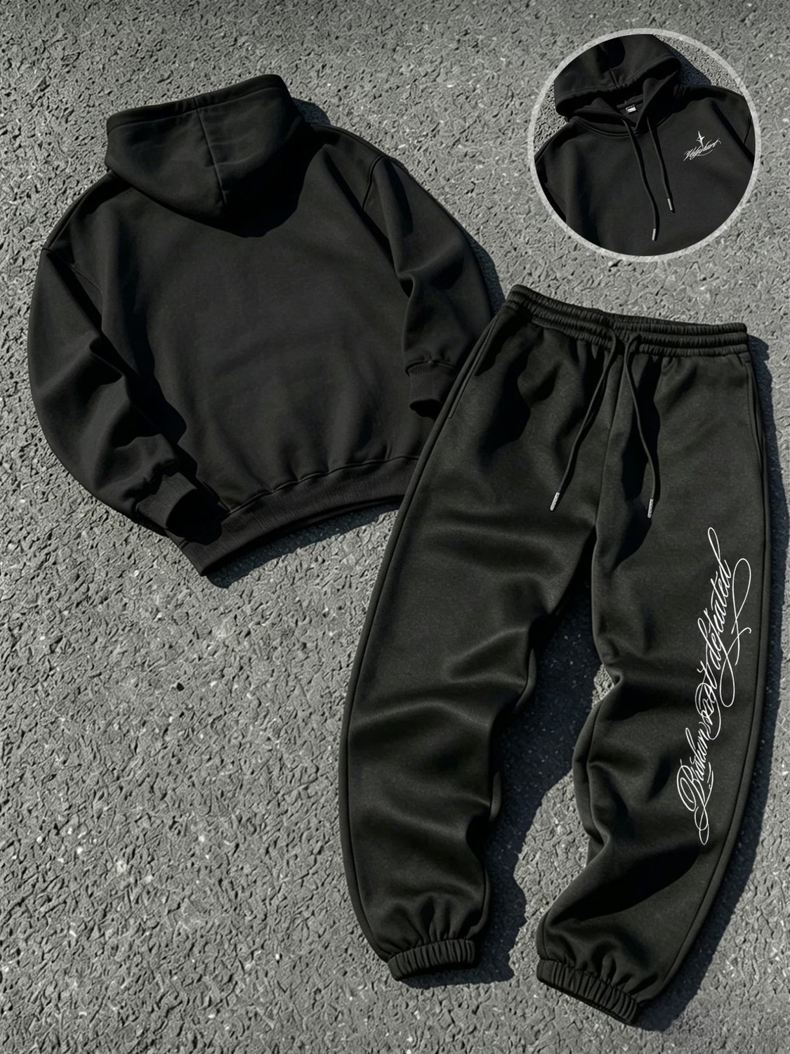 Macklin Unisex Kadın Erkek Gothıc Letter Yazı Baskılı Oversize 3 Iplik Kapüşonlu Hoodie ve Jogger Eşofman Altı görsel 5